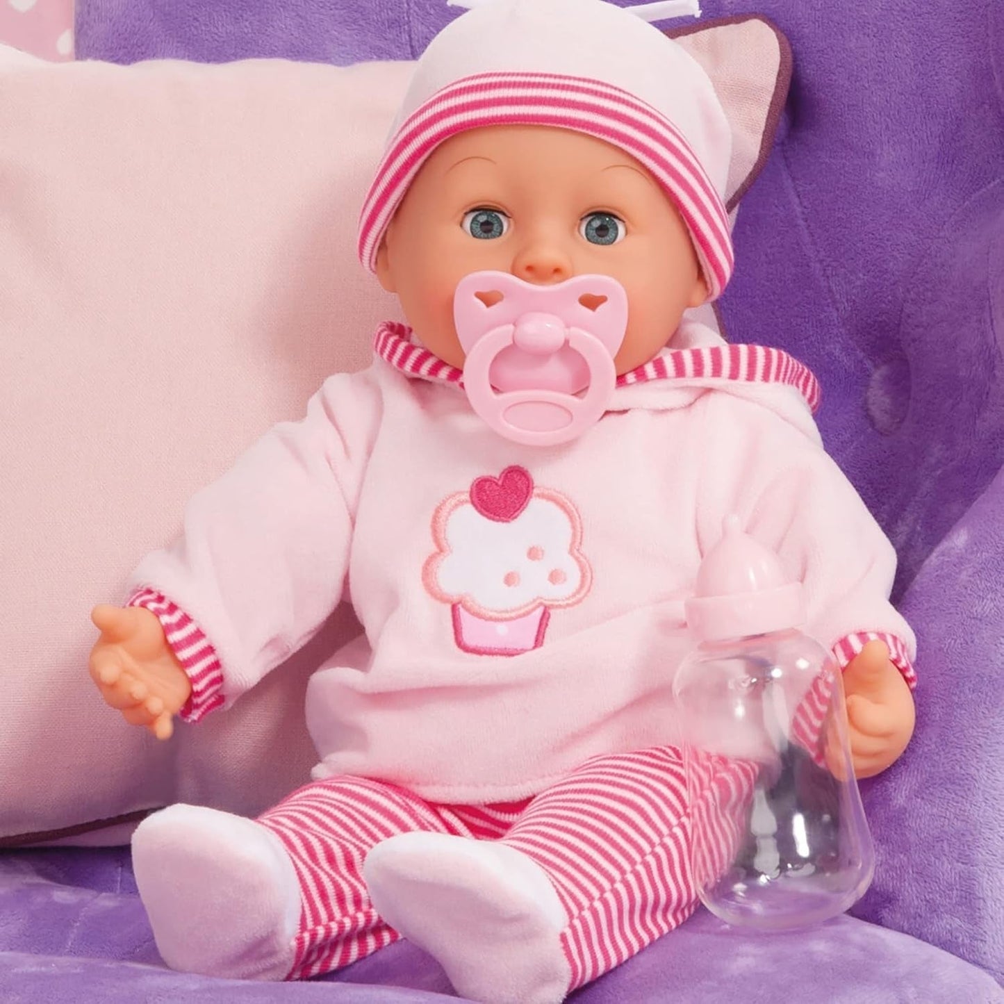 First Words pop met slaapogen, spreekt 24 babygeluiden, met pop en fles, 38 cm, roze/gestreept Naty Shop Dolls