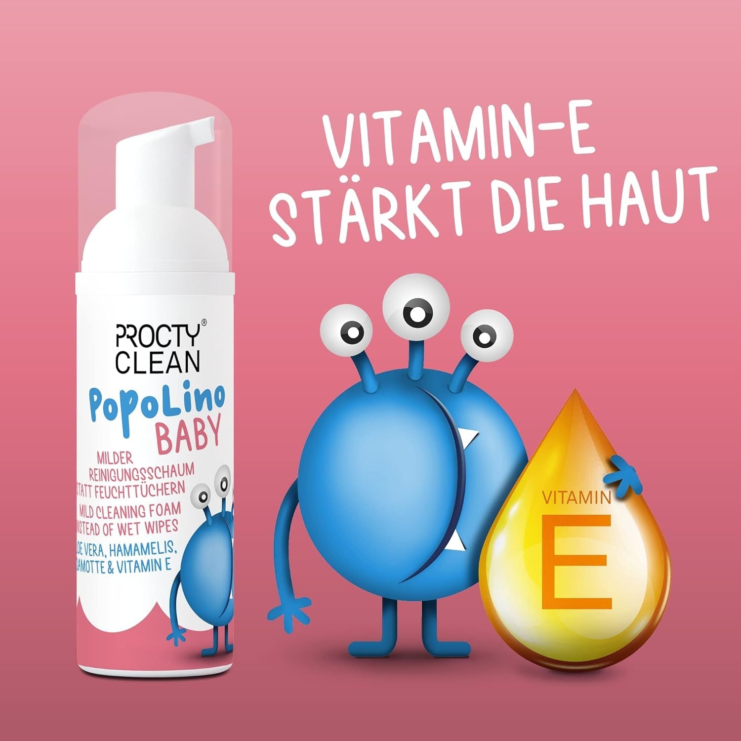 PopoLino Baby zachte bodemschuim in plaats van natte babydoekjes. Veganistisch en natuurlijk cosmetisch reinigingsschuim! Bodemschuim met aloë vera, toverhazelaar, bergamot en vitamine E. Maakt de billen en het milieu blij.