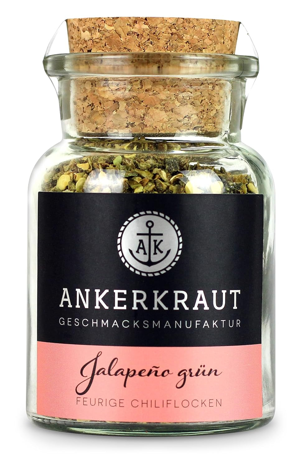 Ankerkraut Grüne Jalapeno, scharfe Chili, Chilis geschrotet, Finisher Scharf Würzen, Scharfes Essen Kochen, Highlight Chili con Carne, Fleisch, Kartoffeln, 45g in korkenglas