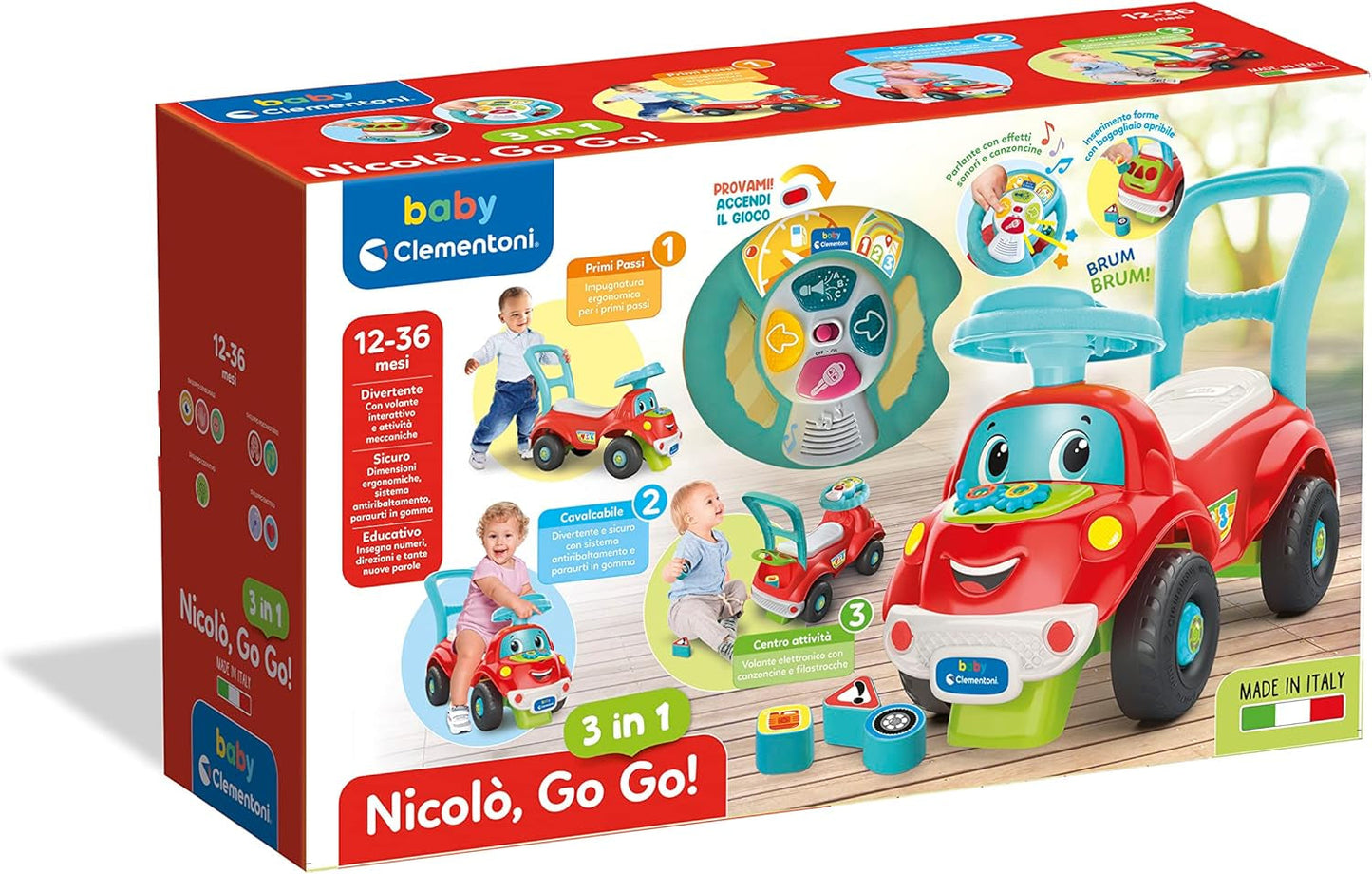 Clementoni - 17747 - Nicolò Go Go 3 in 1 - Rijdende auto, elektronische leerluidspreker, eerste stapjes, licht en geluid, spel voor 1-jarigen - Made in Italy Bebe Toys Naty Shop