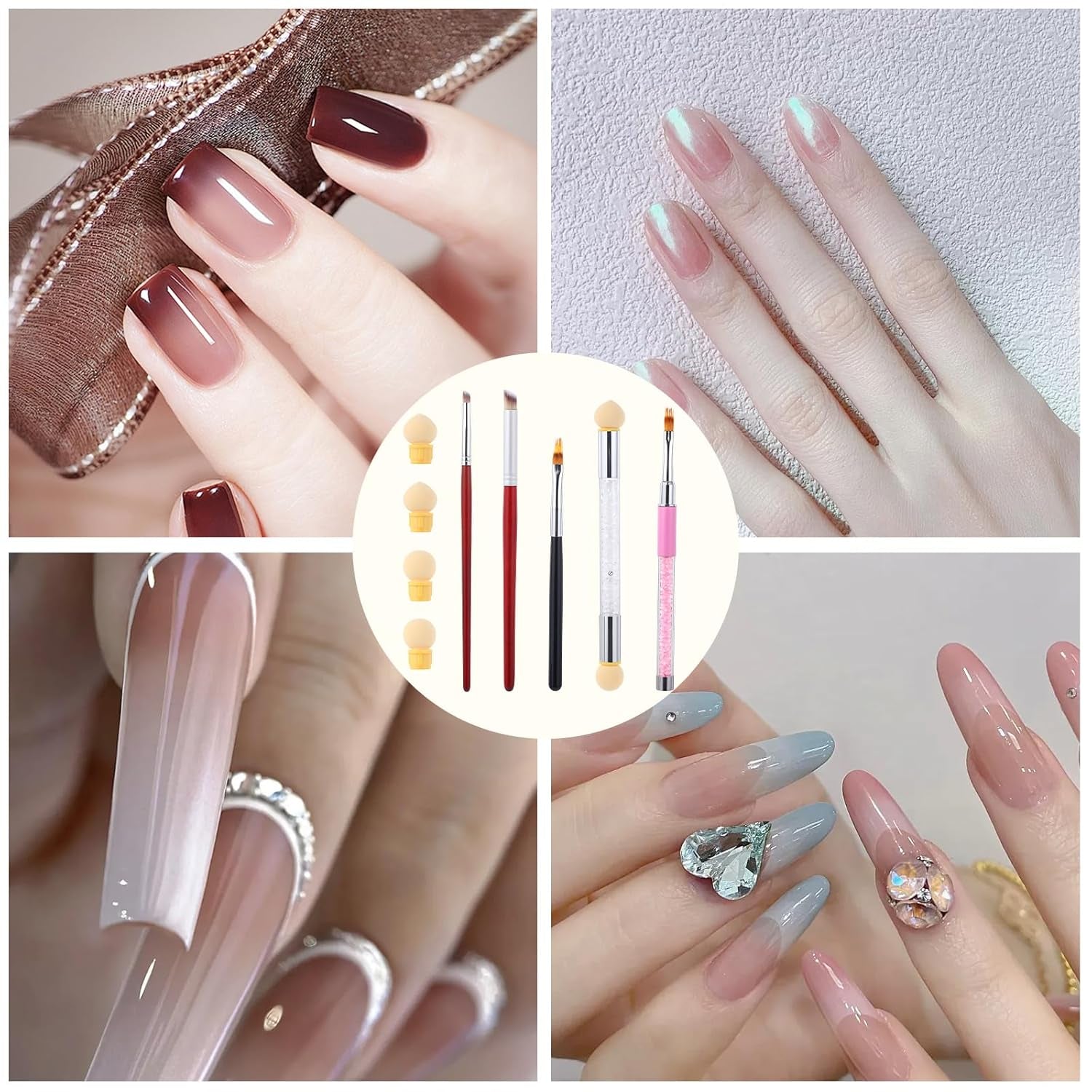 Nail Art Rendering-Werkzeuge Schwamm Undtupfpinsel, Sponge Brush Applicator, Doppelter Kopf Ombre Sponge Stick Mit 4 Ersatzköpfe, Nail Art Schwamm en Tupfpinsel, Ombre Nagelpinsel voor Gelnägel