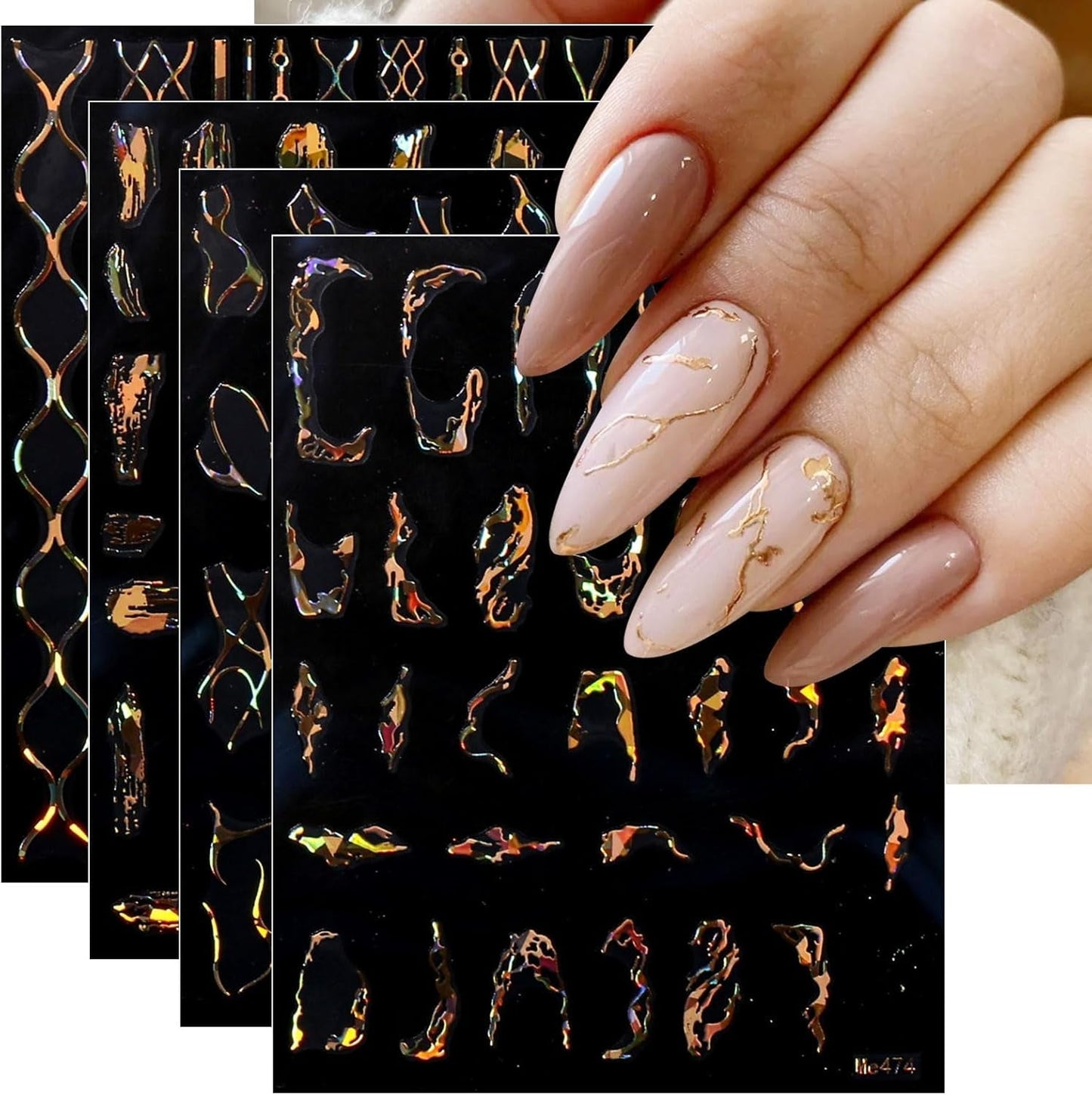 JMEOWIO Nagelsticker Marmor Linie 9 Blatt Nail Art Sticker Selbstklebend Nagelaufkleber Silver Bunt Decoratie Nageldesign Zubehör