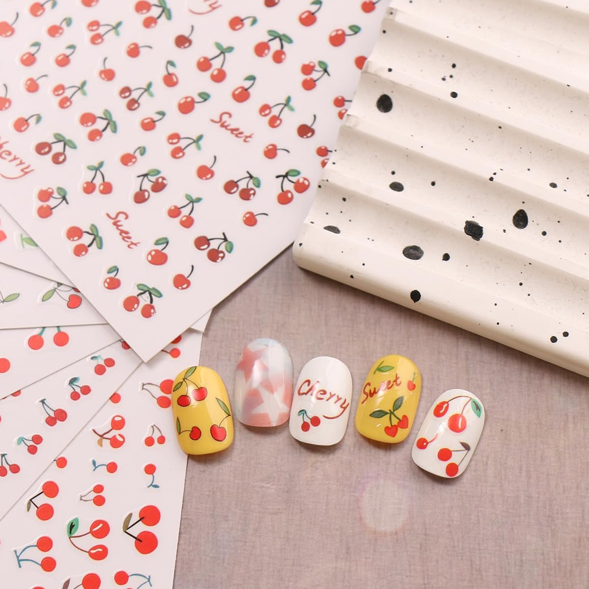 JMEOWIO Nagelsticker Kirschfrucht 6 Blatt Nail Art Sticker Selbstklebend Nagelaufkleber Decoratie Nageldesign Zubehör