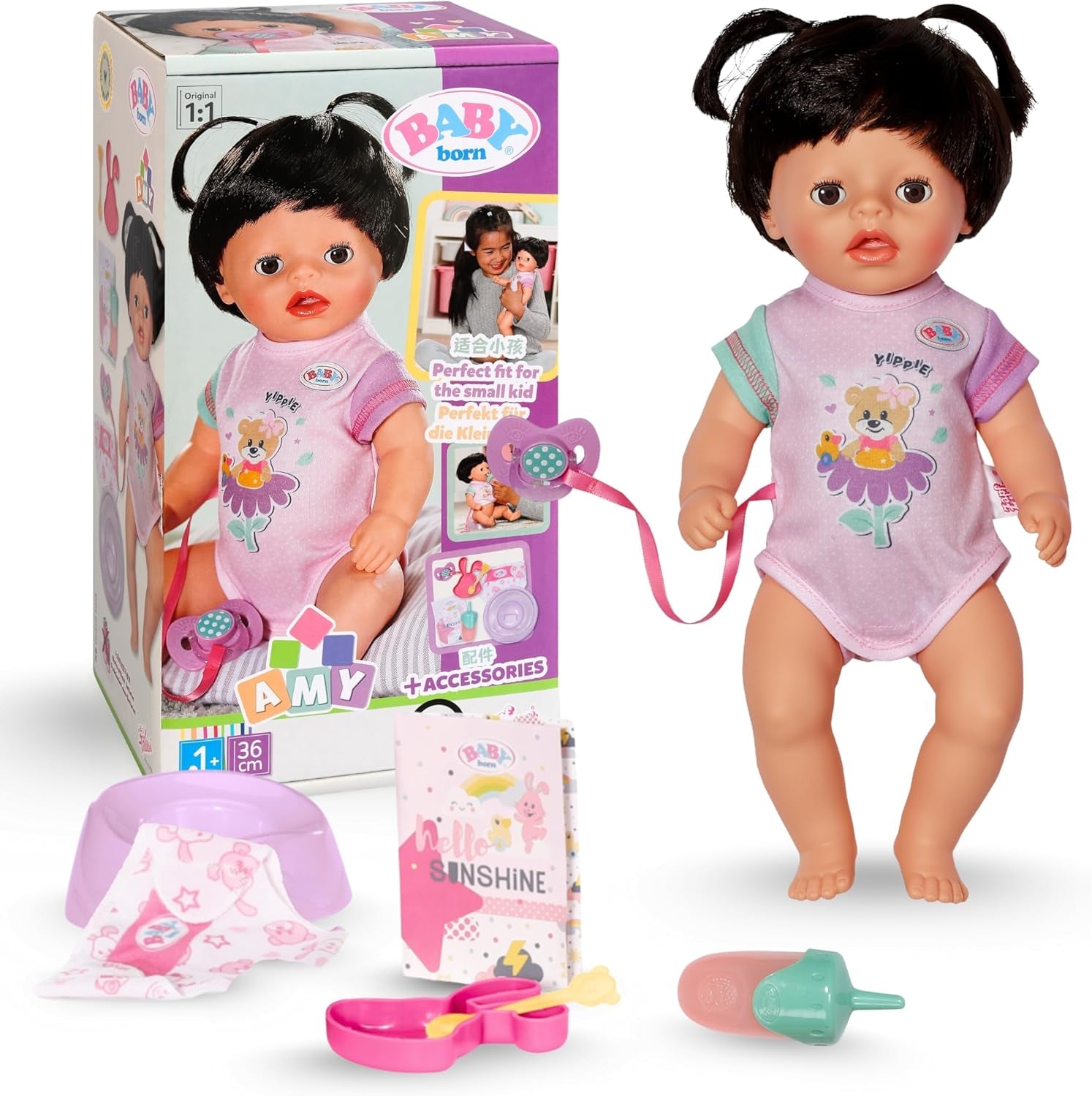 BABY Born Amy - pop van 36 cm - Babypop met 7 functies voor peuters vanaf 1 jaar - Werkt zonder batterijen - Inclusief accessoires en matras