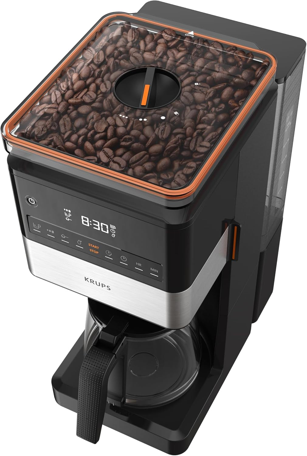 KRUPS Grind Aroma XL espressomachine, afneembare conische molen, digitaal bedieningspaneel, XL-capaciteit (1,5 l), warmhoudfunctie, glazen karaf, zwart/roestvrij staal, KM842810