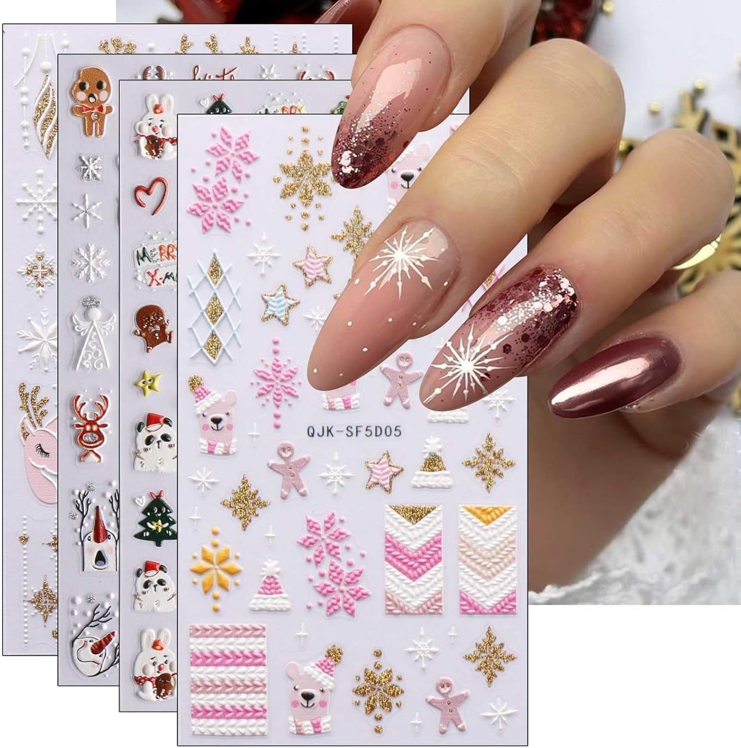Kerst 3D-nagelstickers 4 vellen 5D-nagelstickers Stereoscopische nagelstickers Decoraties Nageldesignaccessoires