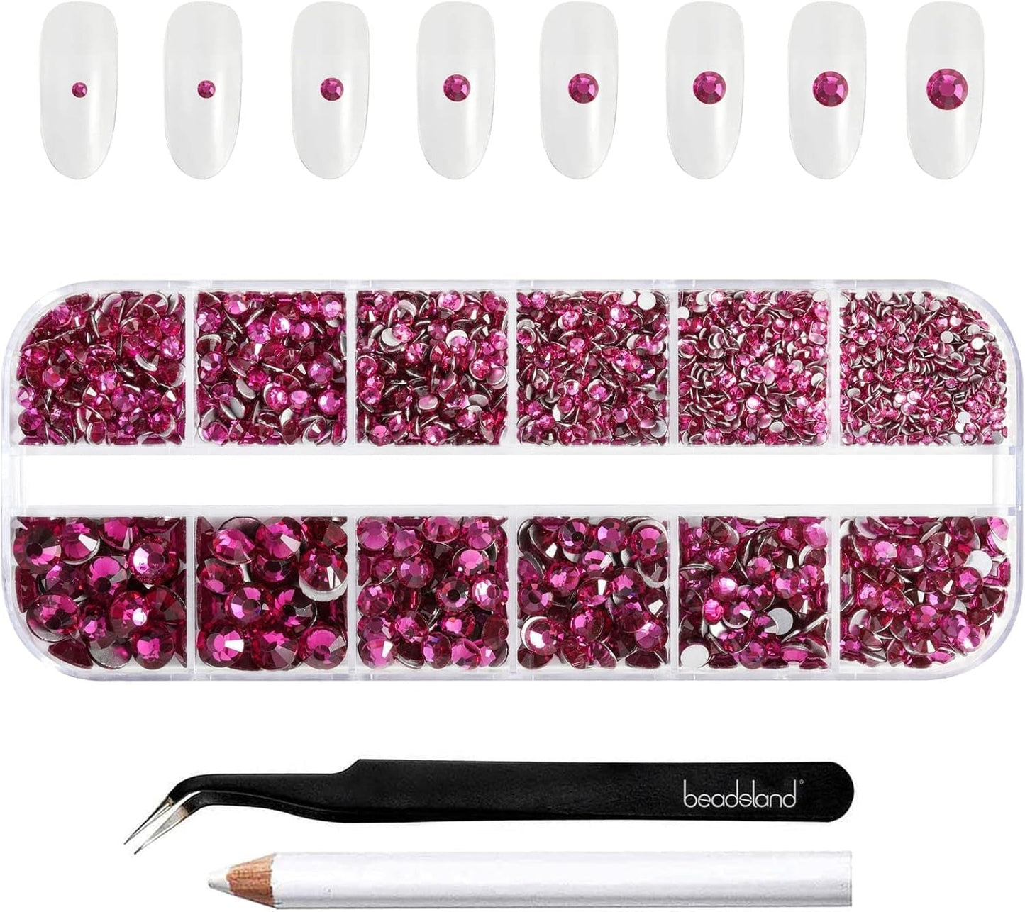 Beadsland 2500 stuks glas Nailart Strasssteine ​​Kristall Flatback Edelsteine ​​Runde, voor handwerk Gemischt 8 Größen SS4 ~ SS30 Mit Picking Pinzette en Stift (Kristall Weiss)