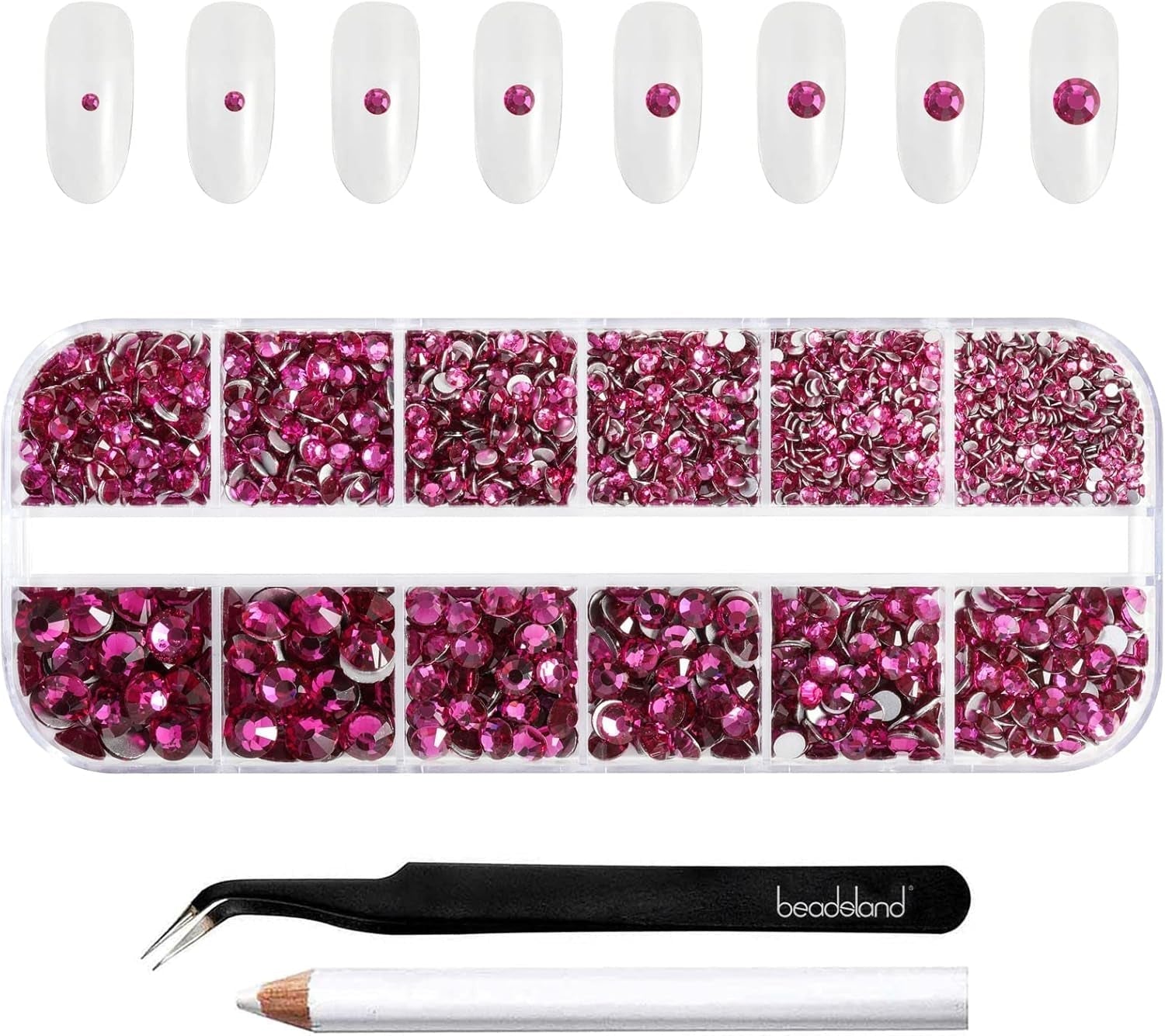 Beadsland 2500 stuks glas Nailart Strasssteine ​​Kristall Flatback Edelsteine ​​Runde, voor handwerk Gemischt 8 Größen SS4 ~ SS30 Mit Picking Pinzette en Stift (Kristall Weiss)