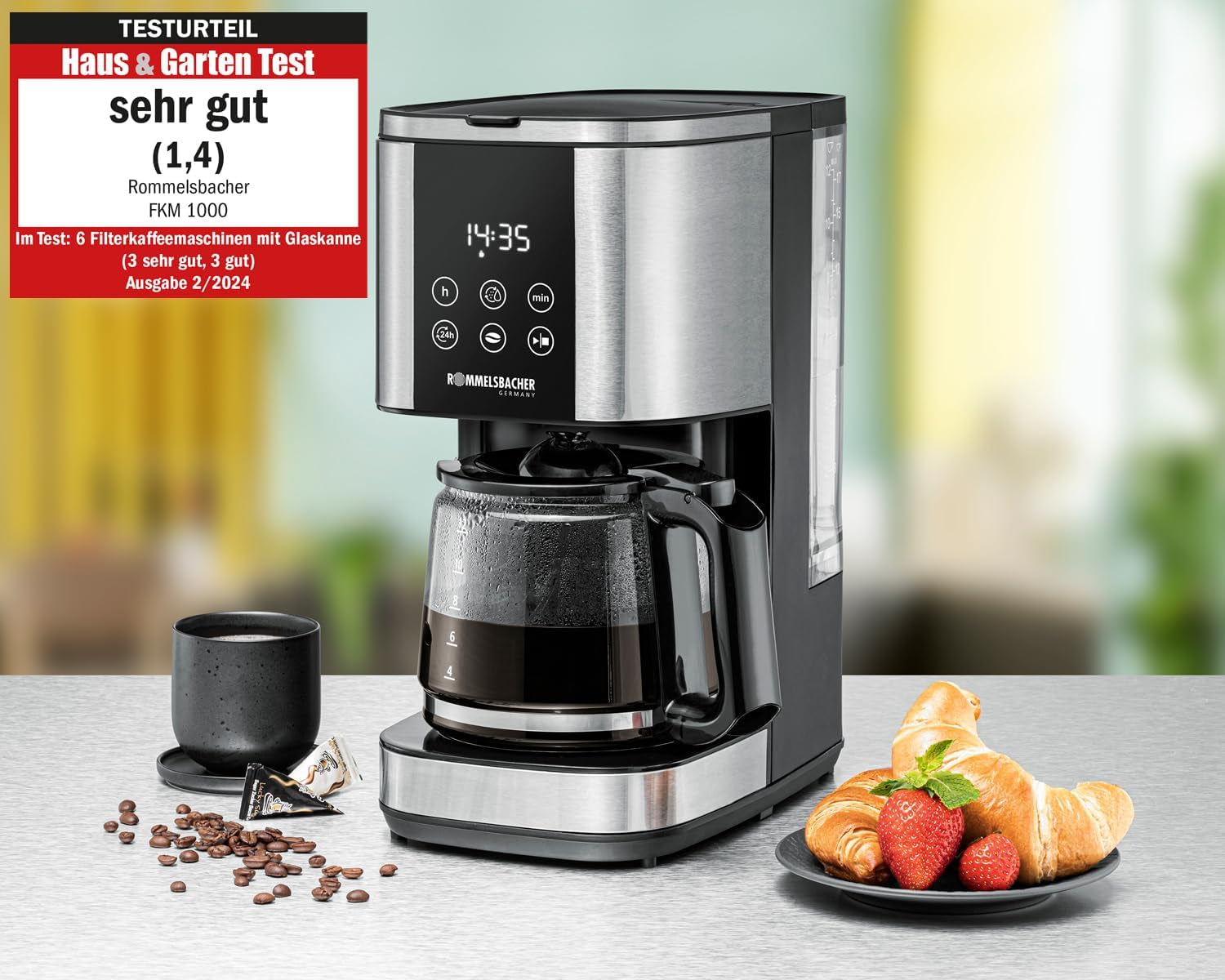Rommelsbacher FKM 1000 filter-espressomachine - 1,5 liter watertank voor 12 koppen koffie, glazen karaf, uitgestelde start, warmhoudfunctie, aromafunctie, afneembare filterhouder 1x4