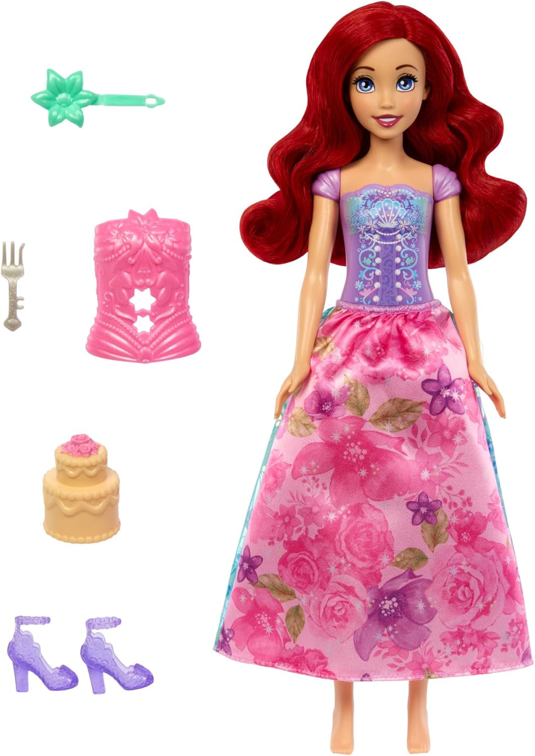 Mattel Disney Princess Ariel Spin & Reveal modepoppenset met 11 verrassingen, waaronder 5 accessoires, 5 stickers en een speelscène geïnspireerd op de film HTV88
