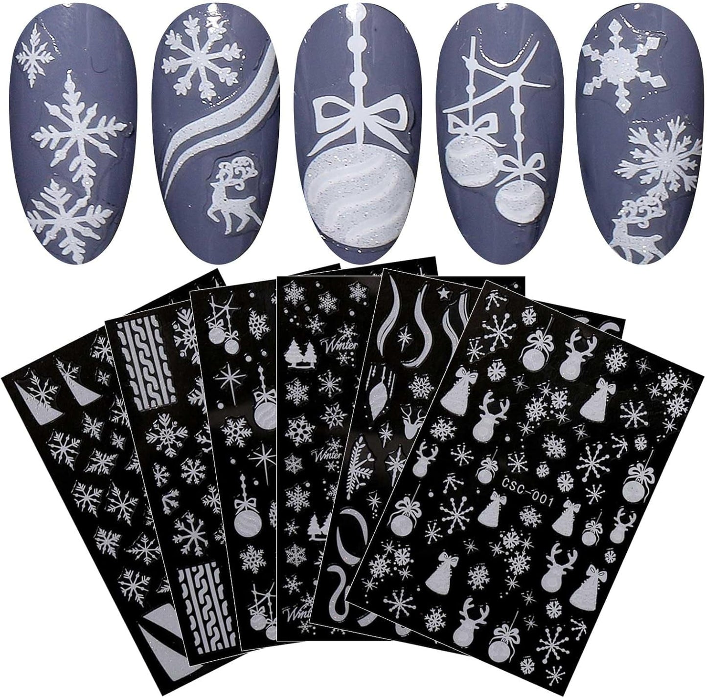 JMEOWIO Nagelsticker Weihnachten Gold Glitter Silber 8 Blatt Nail Art Sticker Selbstklebend Nagelaufkleber Schneeflocke Winterurlaub Decoratie Nageldesign Zubehör
