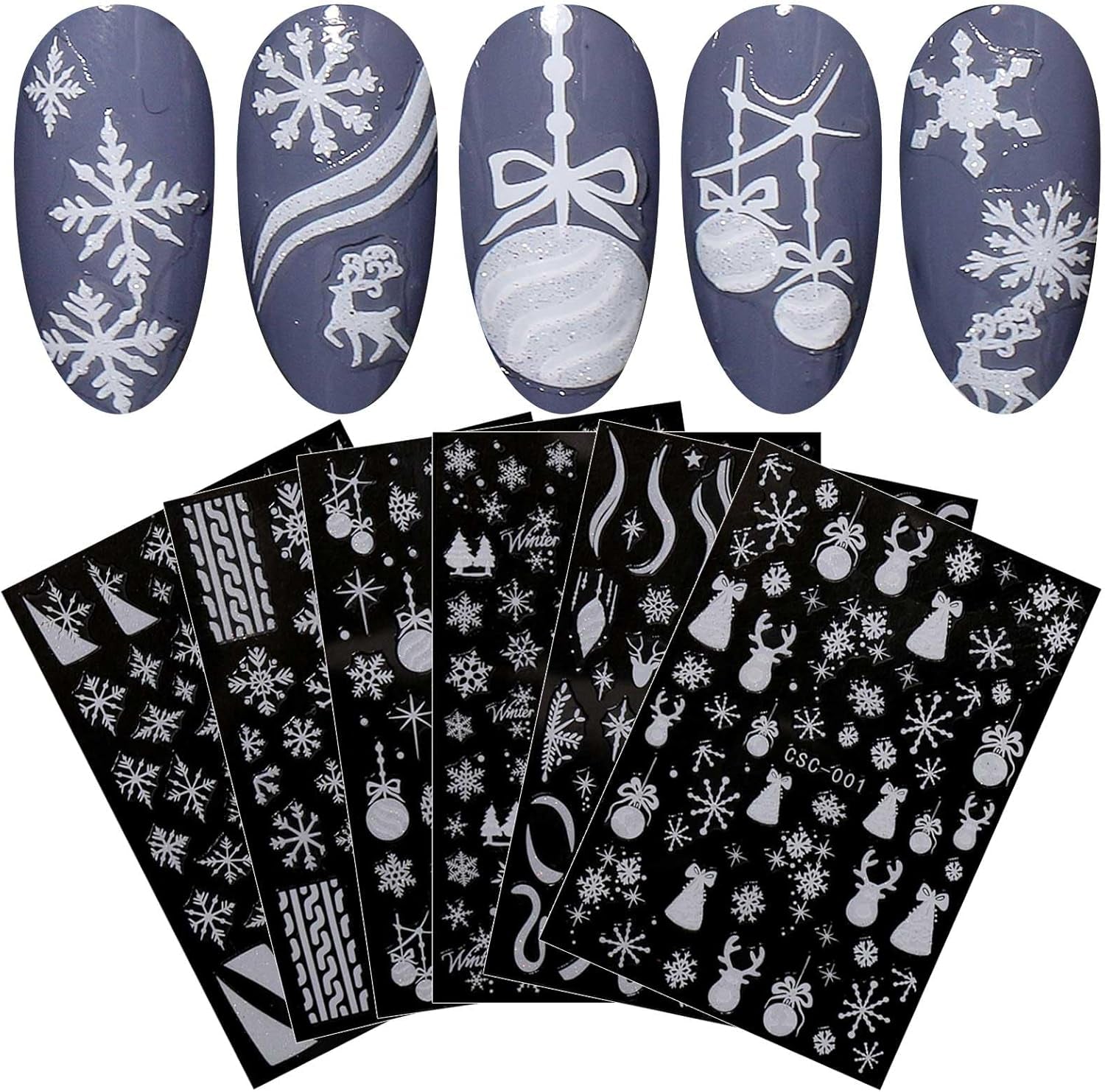 JMEOWIO Nagelsticker Weihnachten Gold Glitter Silber 8 Blatt Nail Art Sticker Selbstklebend Nagelaufkleber Schneeflocke Winterurlaub Decoratie Nageldesign Zubehör