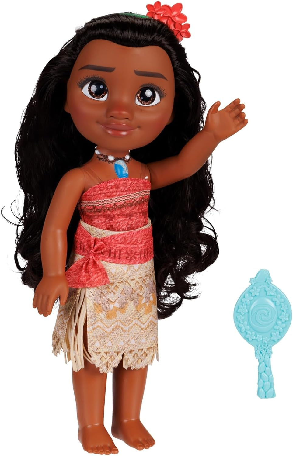 Disney Princess Moana pop van 35 cm, reflecterende glitterogen, beweegbare gewrichten, afneembare outfit, bloemenclip, lang haar, voor meisjes vanaf 3 jaar