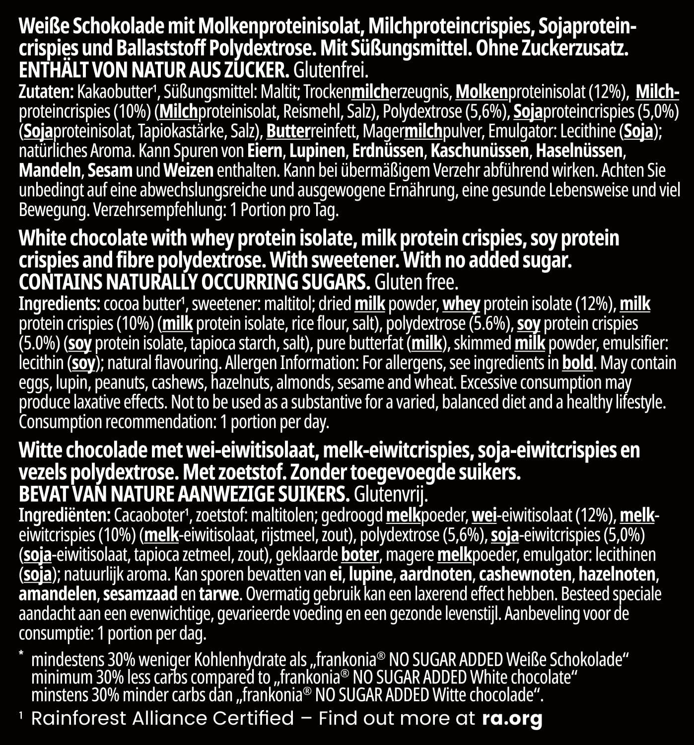 frankonia CHOCOLAT POWER MOTION zonder toegevoegde suiker - Knapperige witte chocolade met hoog eiwit- en laag koolhydraatgehalte, 90 g