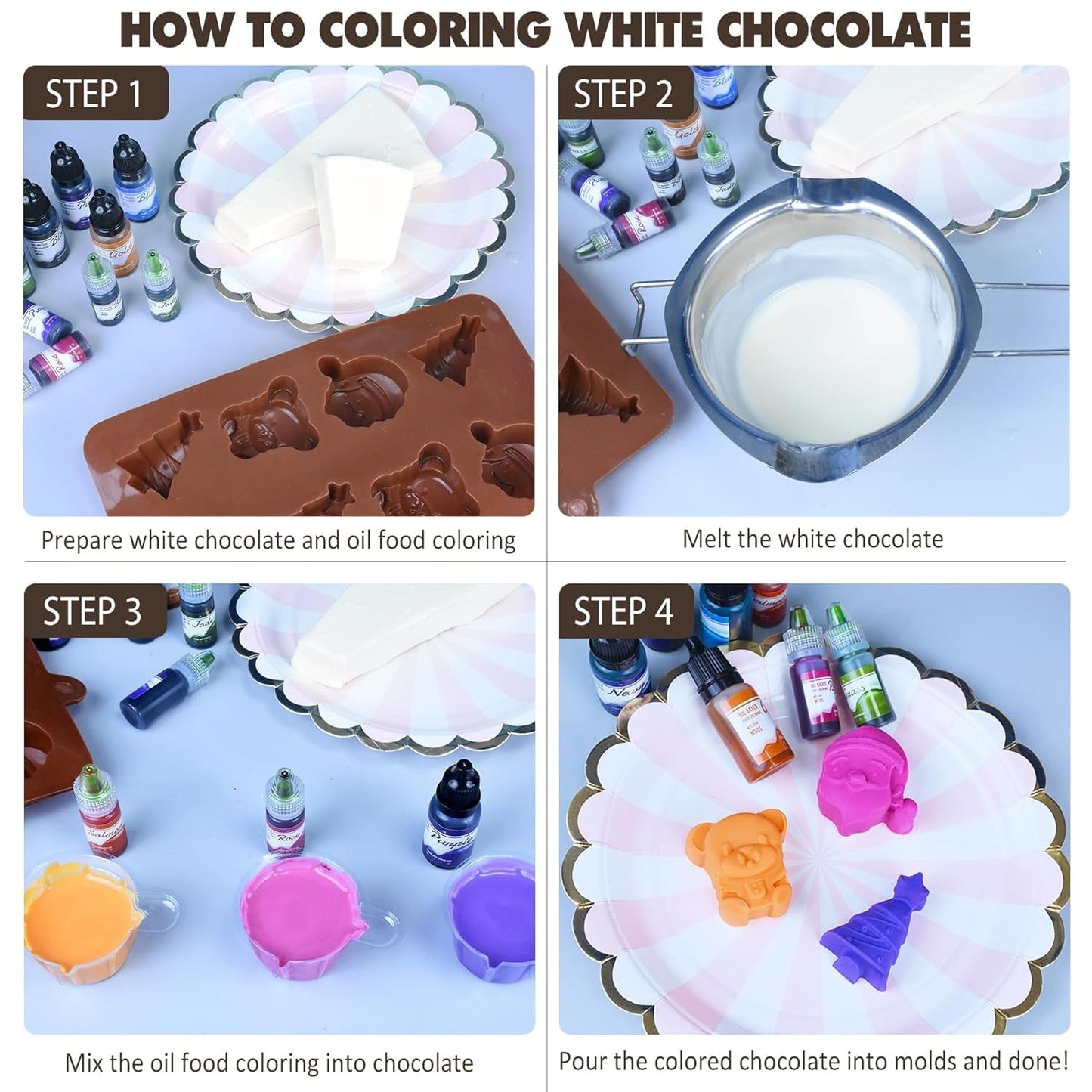 Vetoplosbare chocoladekleurstof - 12 kleuren op olie gebaseerde kleurstof voor fondant, taartdecoratie, bakken - vloeibare kleurstof voor cacaoboter, botercrème, cakes - elk 10 ml