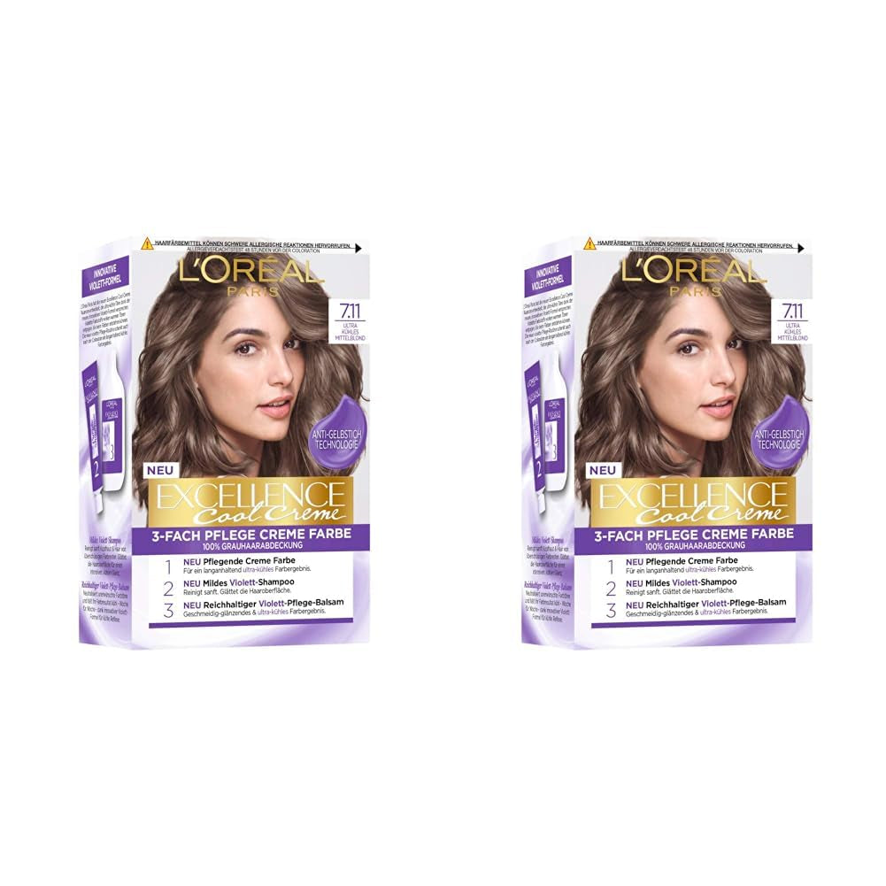 L'Oréal Paris Permanente haarverf met ultrakoel kleurresultaat, 100% dekking van grijs haar, set met kleuring, shampoo en verzorgende crème, Excellence Cool Creme, No. 7.11 Ultra Cool Medium Blonde (Blond) Naty Shop Haarverf Standaard titel