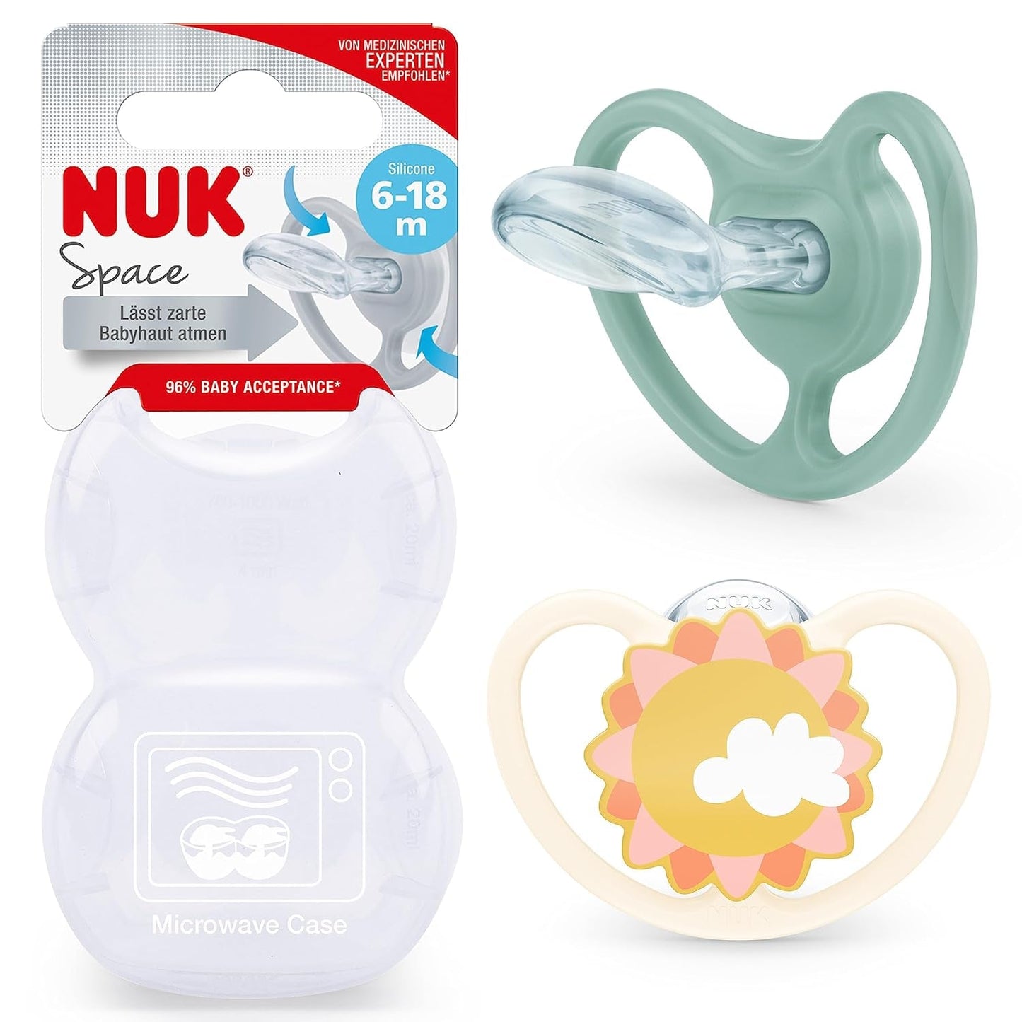NUK Space Babyfopspeen 6-18 maanden, extra grote openingen voor gevoelige huid, BPA-vrije siliconen, zebrapatroon, 2 stuks