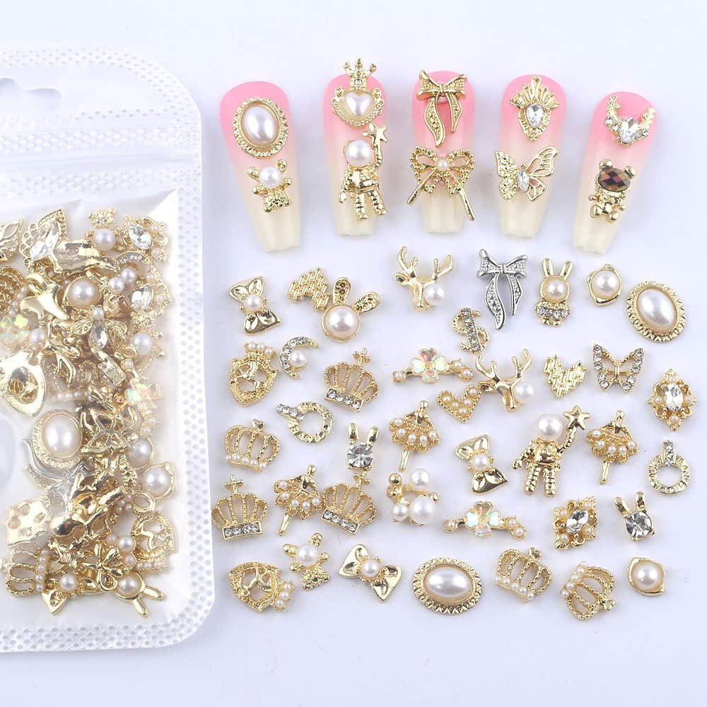 50 Stück Gold Nail Charms,Mix Styles Glitzersteine ​​​​Nägel Perle Legierung Nagel Steine ​​​​Blume Schmetterling Strasssteine ​​​​Nägel Herz Stern Nagel Charms DIY Nail Art Zubehör Frauen Nägel Deko