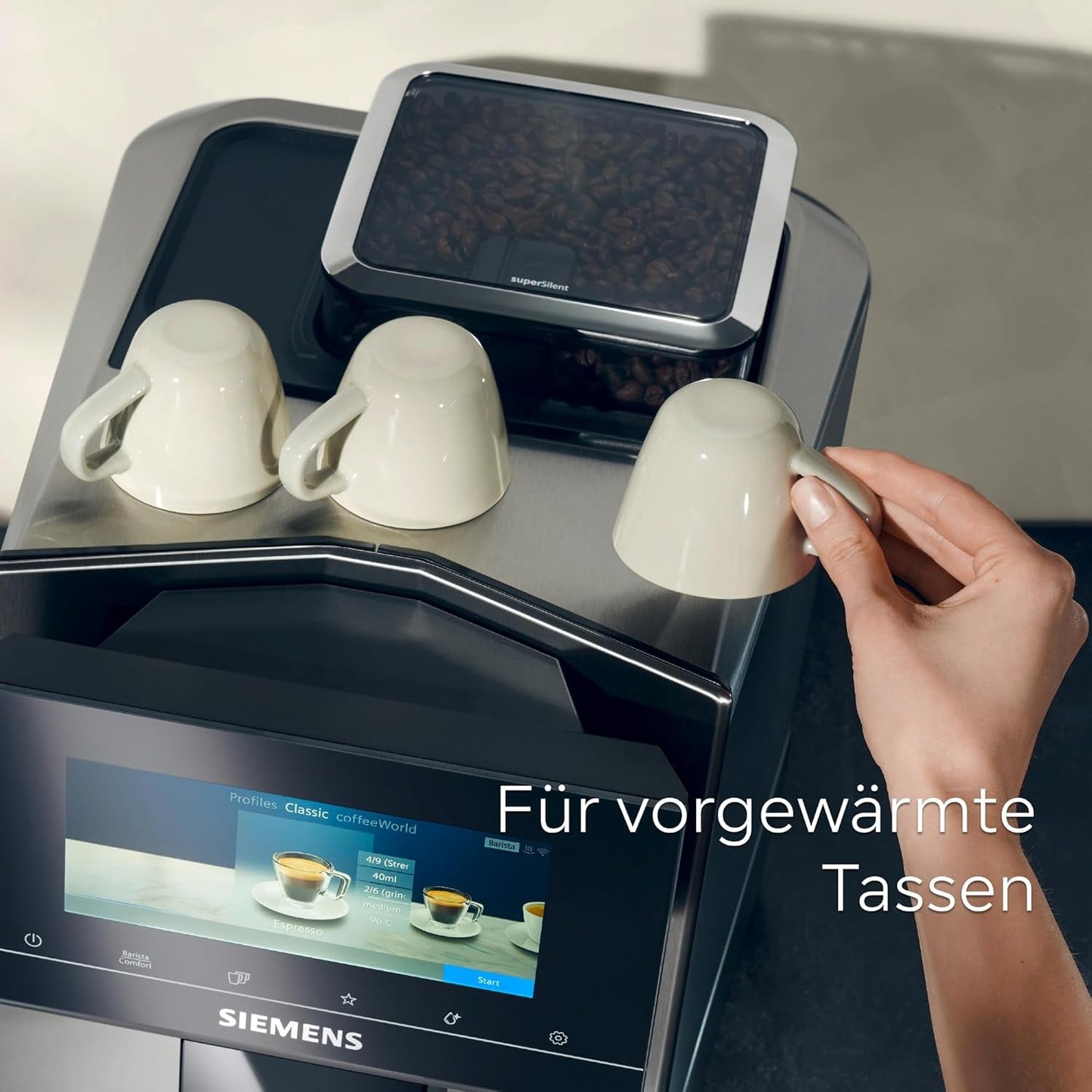 Siemens EQ900 TQ903D03 Automatische espressomachine, app-bediening, intuïtief touchscreen, barista-modus, AromaBoost, ruisonderdrukking, premium molen, automatische stoomreiniging, 1500 W, roestvrij staal