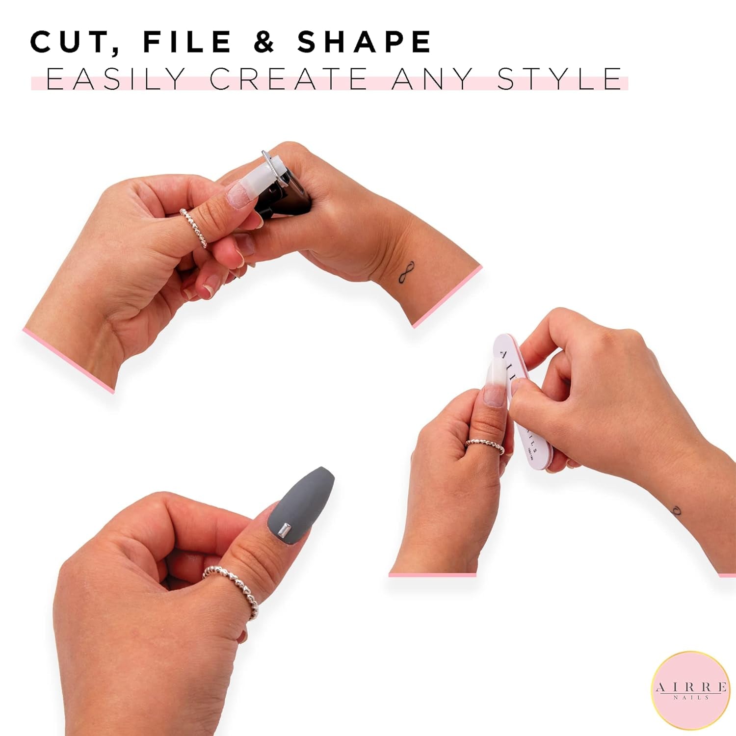 AIRRE 500 professionele gelnagels en 3 vijlen per doos - (10 maten) Franse halve maan kunstnagels, salon- en thuisgebruik, knippen, vijlen en vormgeven, UV/LED-gel, nagellak en nagelkunst (natuurlijk)