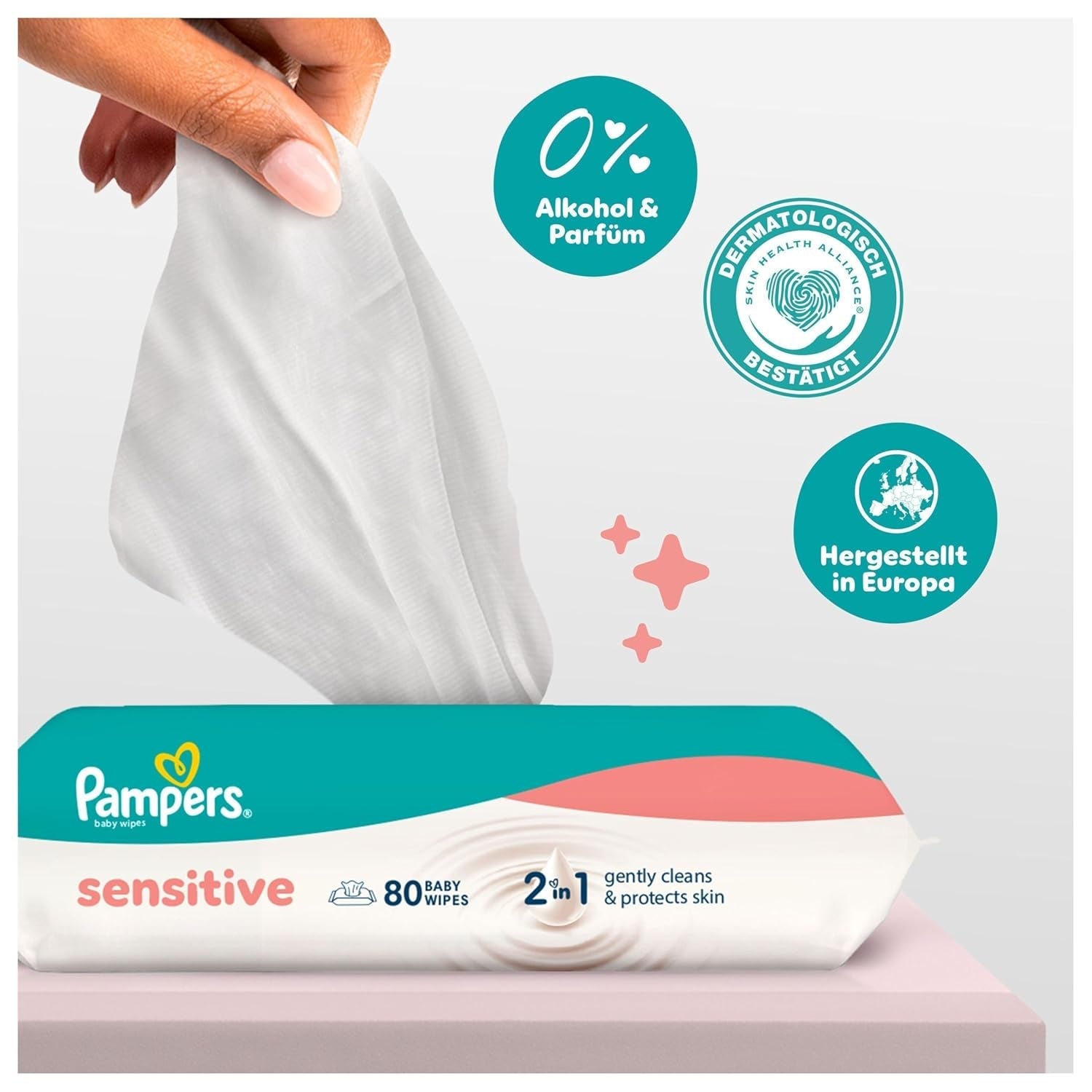 Pampers Sensitive Vochtige Doekjes, 6 pakjes van 80 doekjes = 480 doekjes, ongeparfumeerd, voor zachte, zachte reiniging