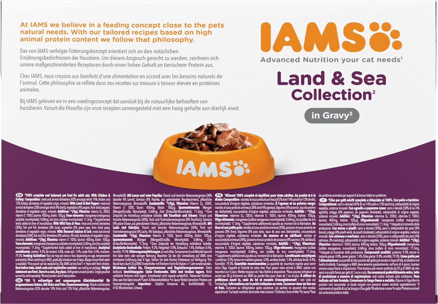 IAMS Delights Land & Sea Collection Natvoer voor katten - Assortiment vlees en vis Multipack in saus, Natvoer voor katten vanaf 1 jaar, 12 x 85 g