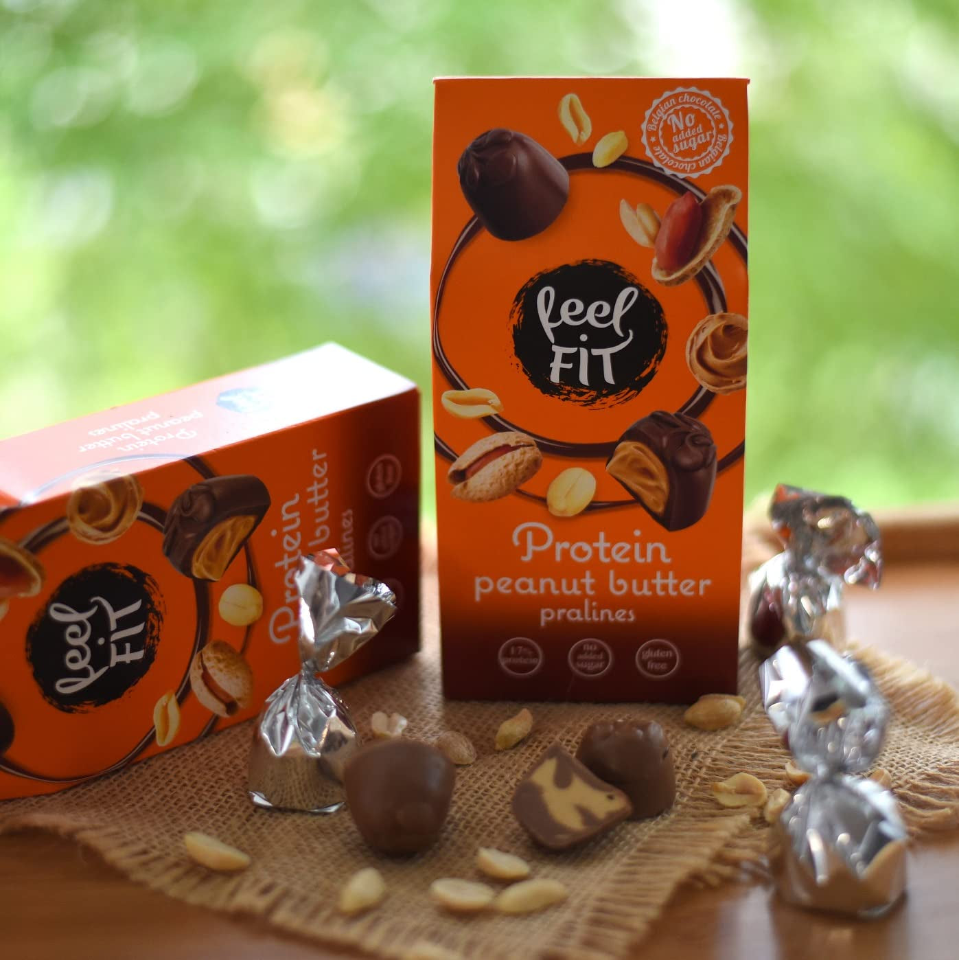 Feel FIT Proteïnepralines met pindakaas in melkchocolade van hoge kwaliteit, zonder toegevoegde suiker, 17% eiwit, glutenvrij 66 g (1 pak)