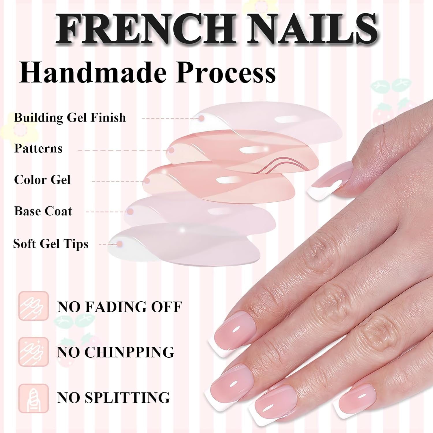 Lichtroze zelfklevende Franse nagels - 32 stuks lijm op Franse nagels - vierkante korte kunstnagels - ademende lijm op kunstnagels - volledige dekking kunstnagels voor dames (lichtroze)