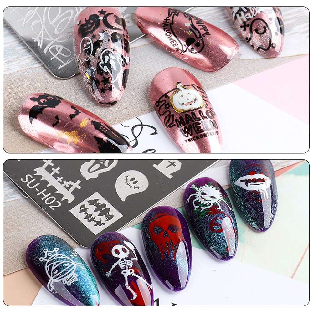 JMEOWIO Nagelstempelsjablonen Halloween 6 Stück Nagelstempelsjablonen Nail Art Decoratie Nageldesign Zubehör Böse Gruselige Kürbis-Geisterhexe