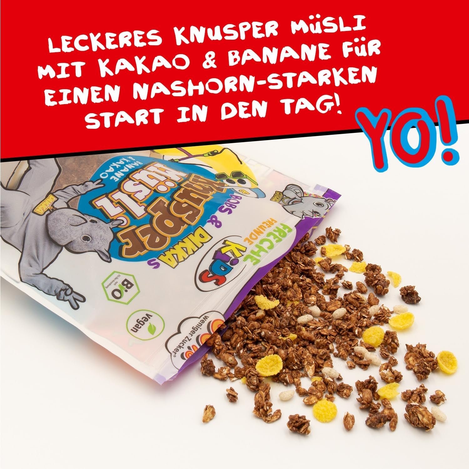 FRECHE FREUNDE KIDS, Bobs & DIKKAS Krokante banaan-cacaomuesli, knapperige chocolademuesli voor kinderen, suikerarm, geen toevoegingen, 100% veganistisch, 6 stuks (6 x 280 g)