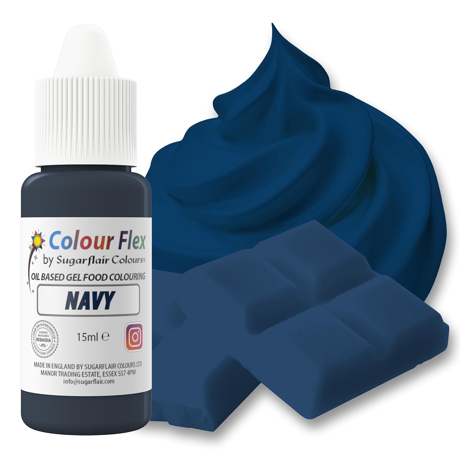 Sugarflair Colourflex op olie gebaseerde voedingskleurstof, marineblauw, sterk geconcentreerde vloeibare voedingskleurstof, voedingskleurstof voor botercrème, chocolade, deeg, fondant, glazuur en meer - 15 ml