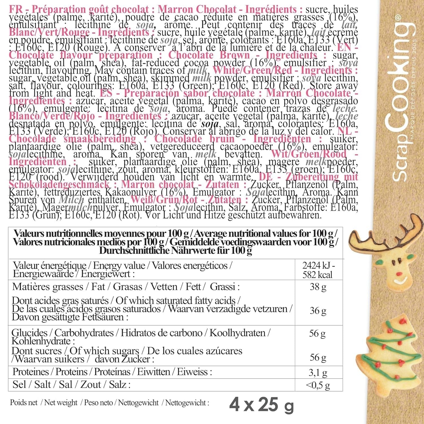 Scrapcooking - Set van 4 kerstchocolade kleurpotloden - bruin, wit, groen en rood - eetbare kleurstof - kleurstof voor schrijven - schrijven en tekenen op desserts, cakes en koekjes - 7060