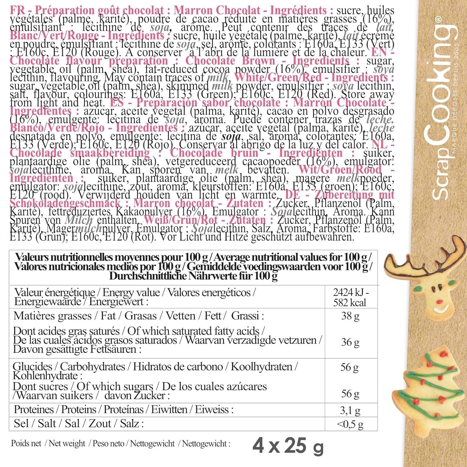 Scrapcooking - Set van 4 kerstchocolade kleurpotloden - bruin, wit, groen en rood - eetbare kleurstof - kleurstof voor schrijven - schrijven en tekenen op desserts, cakes en koekjes - 7060
