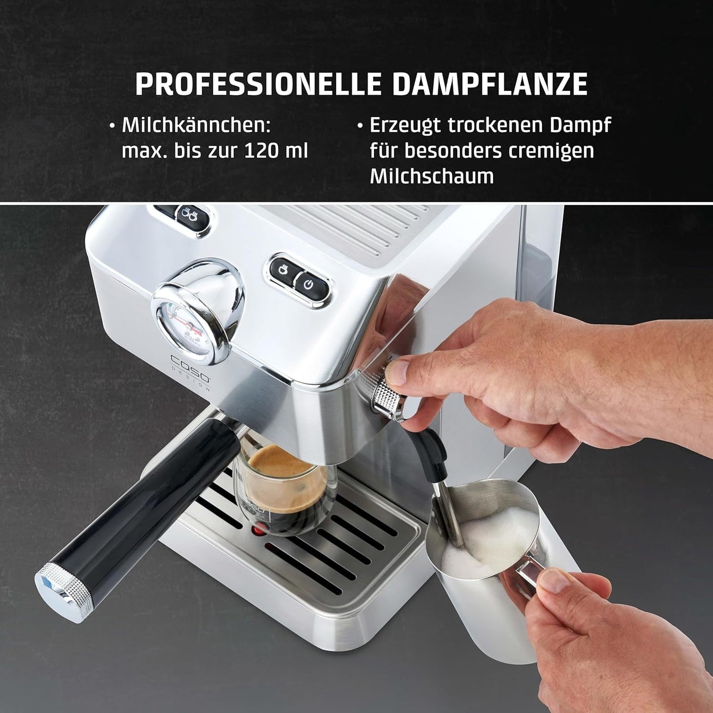 Caso Espresso Gourmet - Espressomachine met portafilter van roestvrij staal, krachtige Ulka-pomp van 19 bar, met melkopschuimer, voor gemalen koffie of ESE-koffiecapsules, voor 2 kopjes, met kopjeswarmer