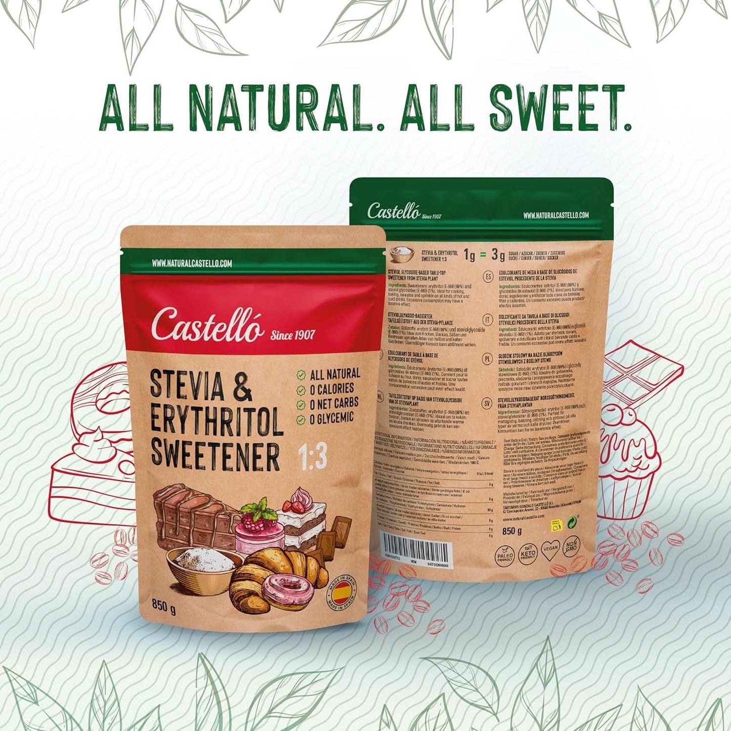 Stevia + Erythritol 1:3 Zoetstof, 1G = 3G Suiker, 850 gram Zoetstoffen Naty Shop