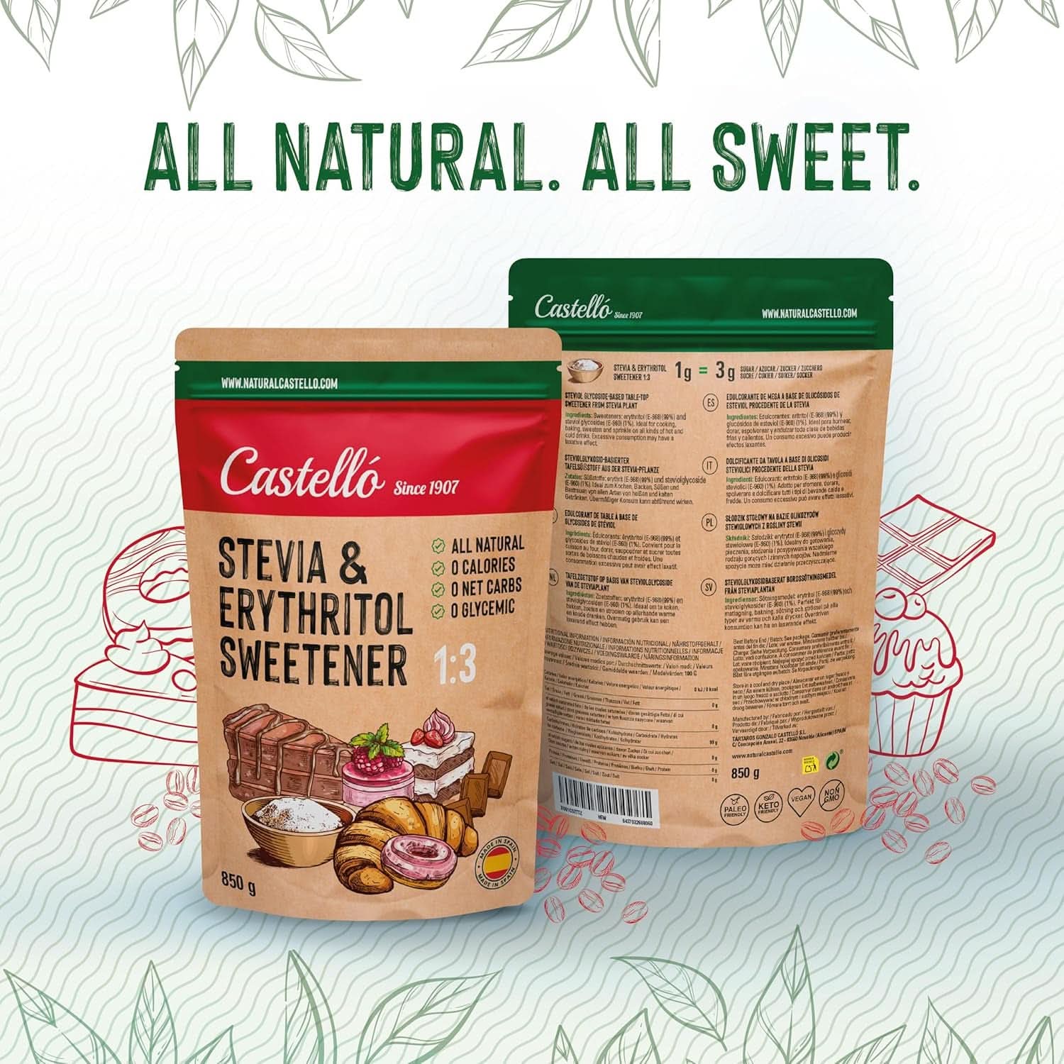 Stevia + Erythritol 1:3 Zoetstof, 1G = 3G Suiker, 850 gram Zoetstoffen Naty Shop