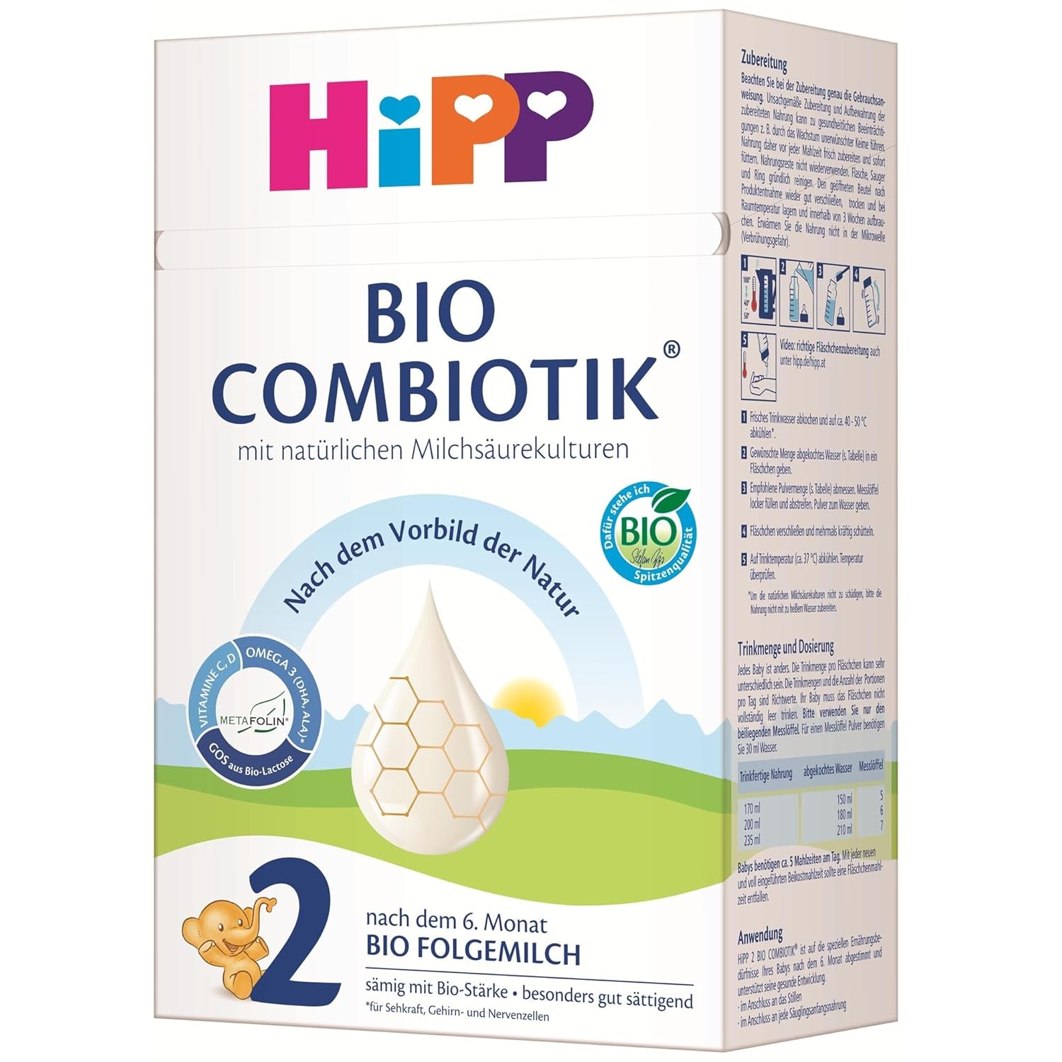 HiPP 2 Biologische Combiotik (4 x 600g), opvolgmelk na 6 maanden, met zetmeel, natuurlijke culturen van melkzuur, GOS, Omega-3 (DHA, ALA), van de beste biologische kwaliteit