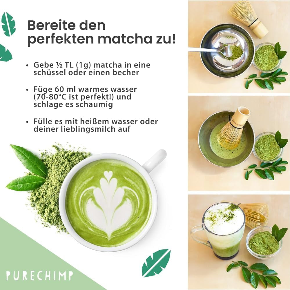 Purechimp Ceremoniële Matcha Poeder 50g. 100% puur schaduwtheepoeder voor lattes, infusies en recepten. Recyclebare pot. Rijk aan antioxidanten.