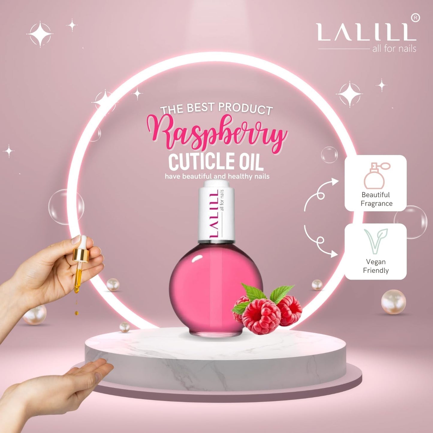 LALILL Nagelriemolie 75Ml - Himbeere Nagelpflegeöl - Nagelöl Pflege Für Nägel Nagelhaut - SPA Maniküre Naildesign Hände - Veganistisch - Met pipet