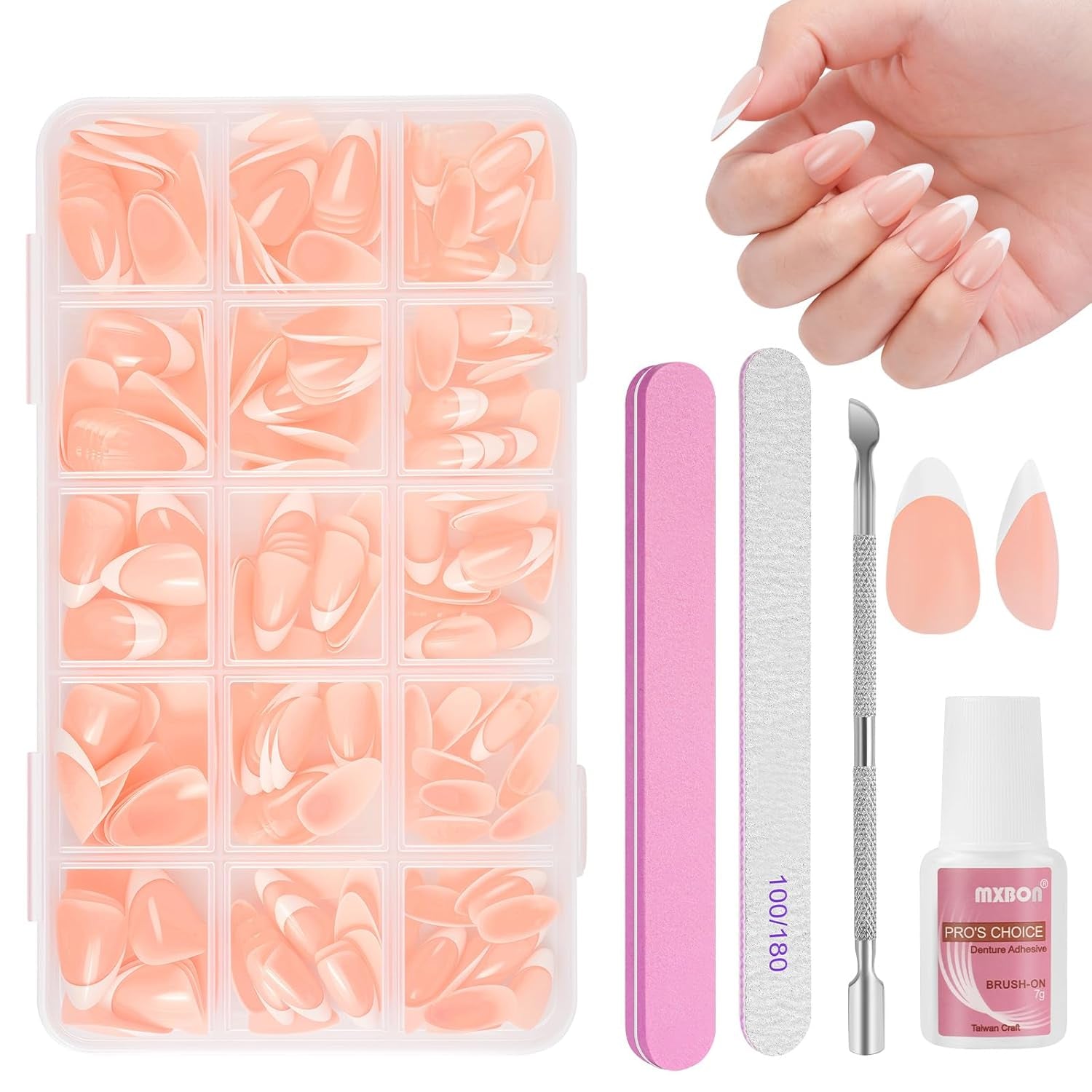 240-delige set valse nageltips, French Press op kunstnagels, pers op Franse nagels, 12 maten, nepnagels met lijm voor dames en heren (naakt wit medium amandel)