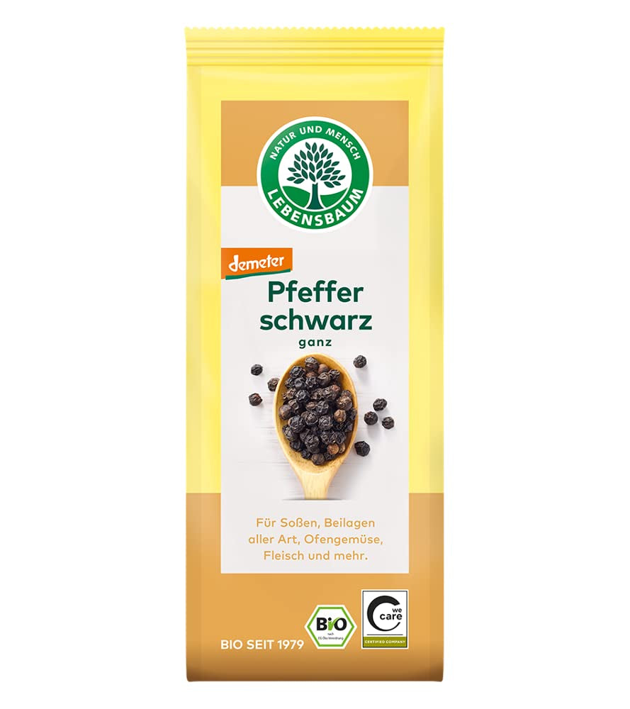 Lebensbaum Schwarzer Pfeffer, fruitig scharfer Genuss, Bio-Pfeffer für Sossen, Beilagen aller Art, Ofengemüse & Fleisch, ganz, 50 g