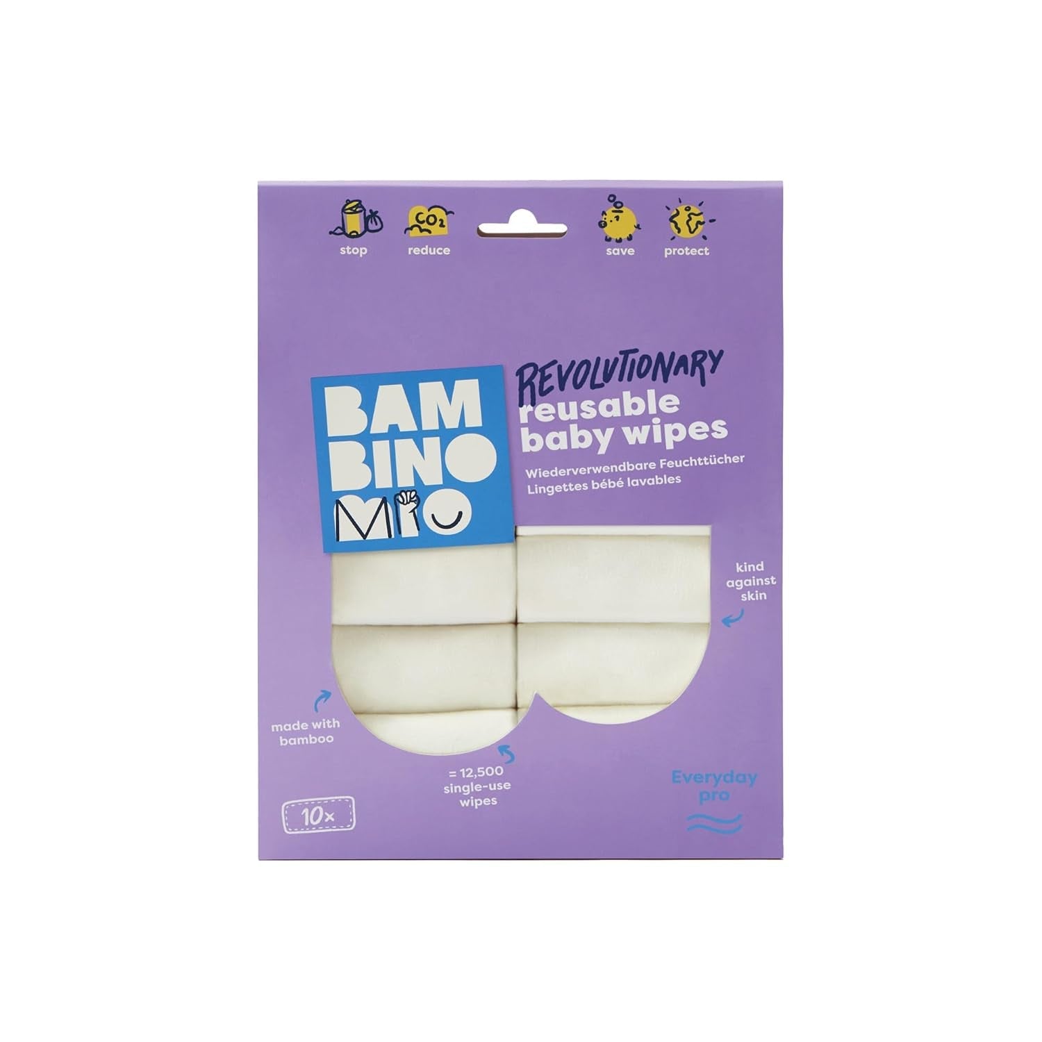Bambino Mio Herbruikbare babydoekjes - Basic - Eco-vriendelijk, vrij van chemicaliën, dubbelzijdig, wasbaar, 10-pack, cloud - Verpakking kan variëren