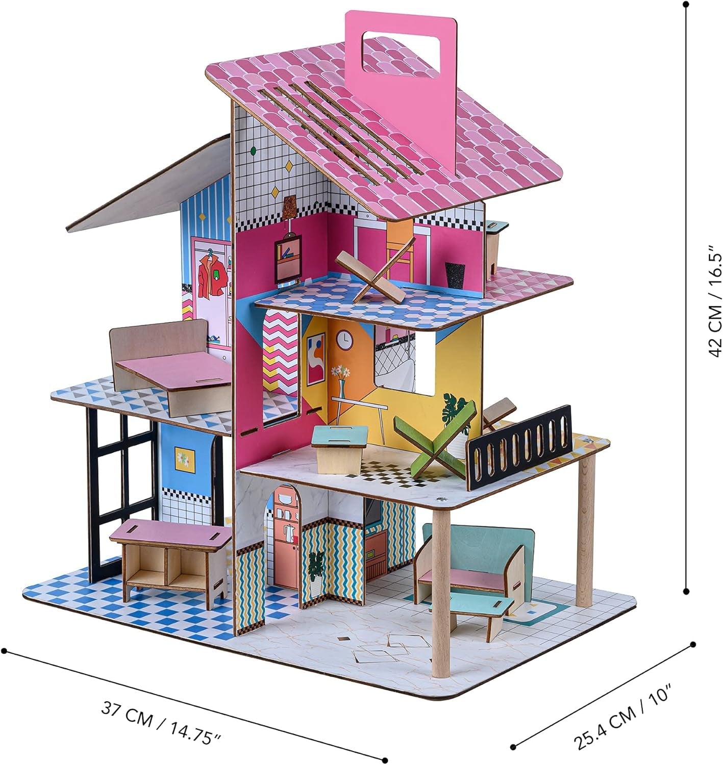 Olivia's Little World 360 houten poppenhuis voor kinderen, 3,5" poppen en 12 accessoires, veelkleurig TD-13260C