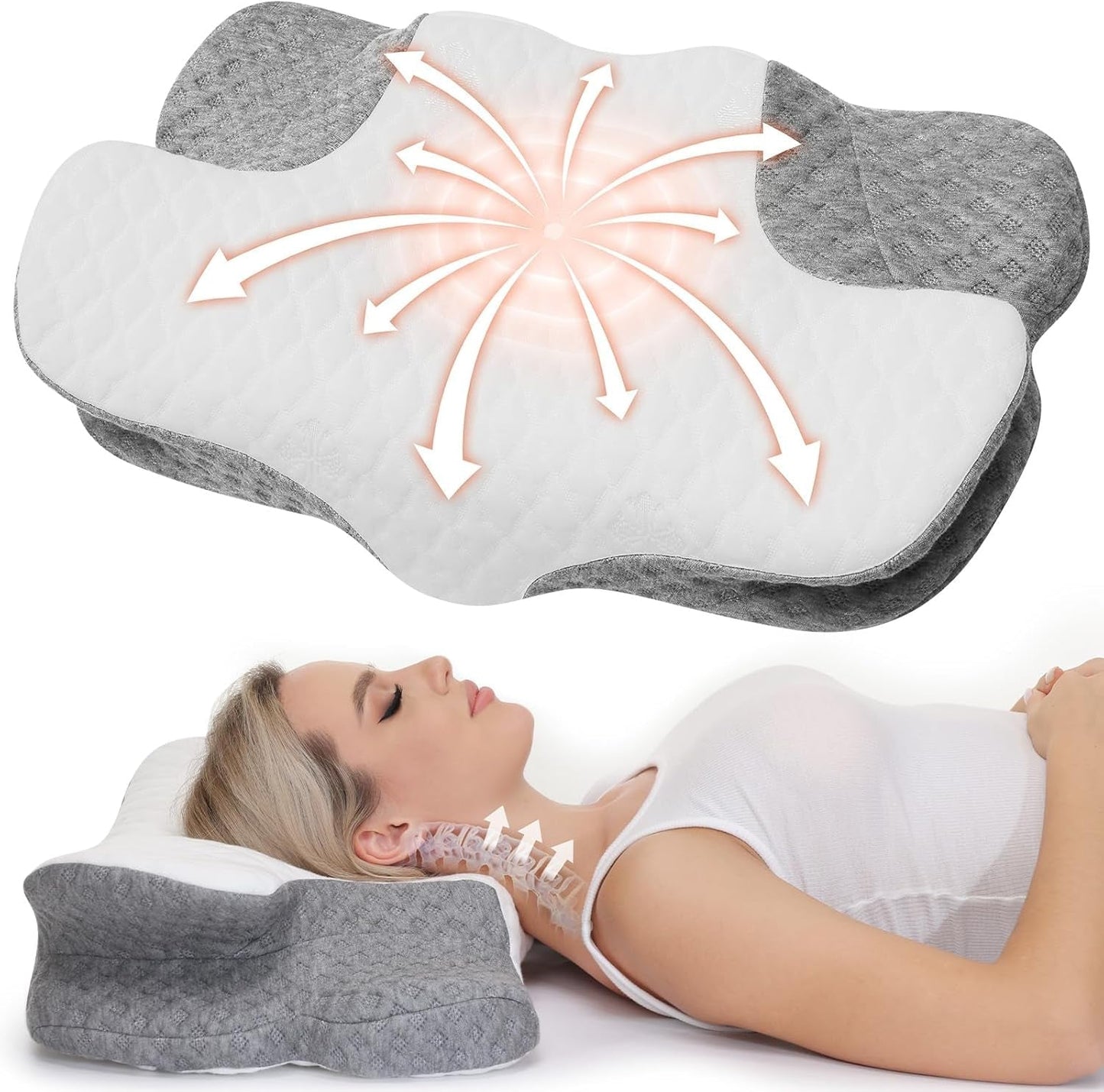 Wellsync Nekkussen Ergonomisch Kussen Memory Foam Kussen Orthopedisch Kussen Voor Zijslapers Rugslapers Buikslapers Nekpijn Wit Grijs Cervicale Orthopedische Kussens Naty Shop Standaard Titel