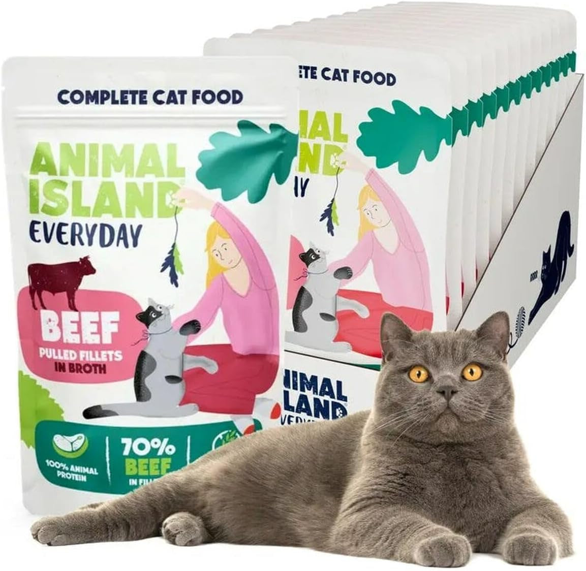 Nassfutter Katze Erwachsene Geschreddertes Rind in Brühe Hoher Fleischanteil Getreidefrei Alleinfuttermittel, 12 x 85 g