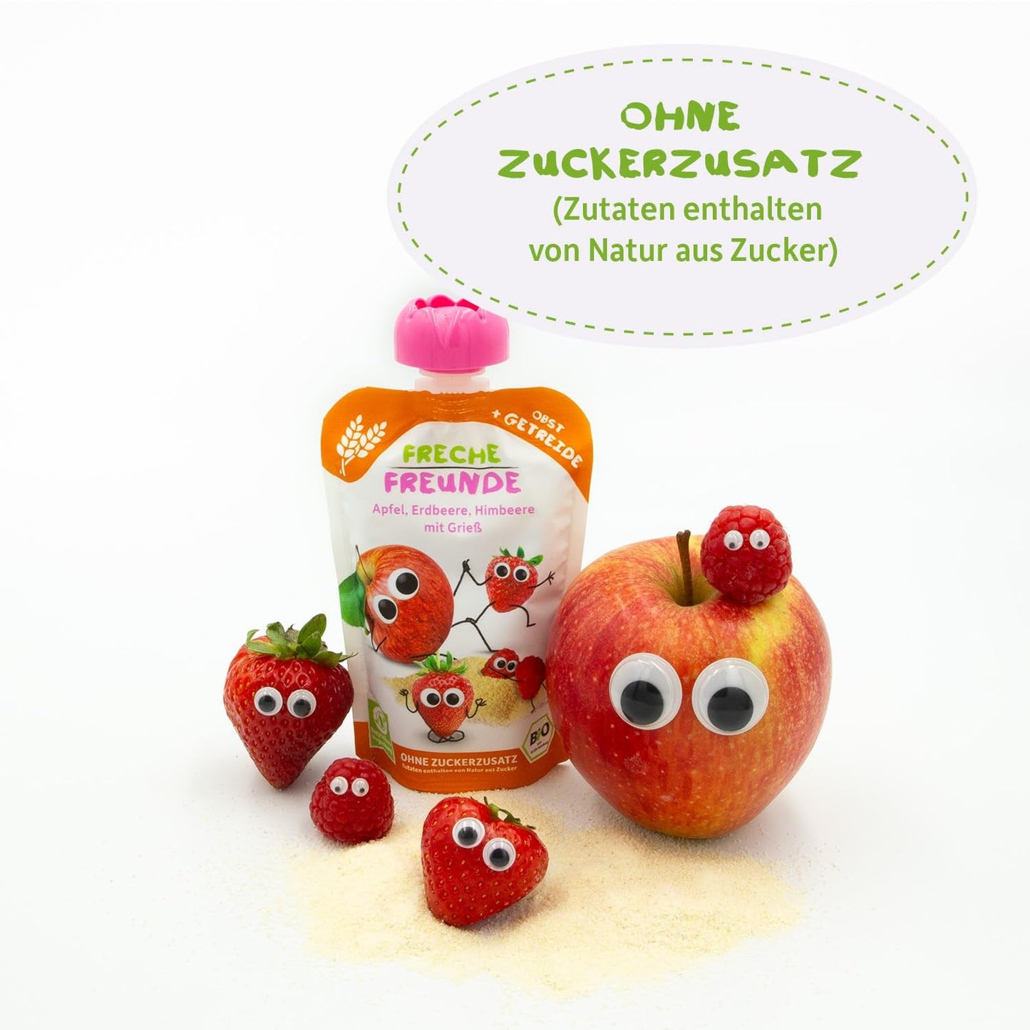 FRECHE FREUNDE Bio Quetschie Apple, Erdbeere, Himbeere mit Grieß, Fruchtmus mit Getreide in Quetschbeutel für Babies vanaf 6 maanden, veganistisch, 6er-pakket (6 x 100 g)