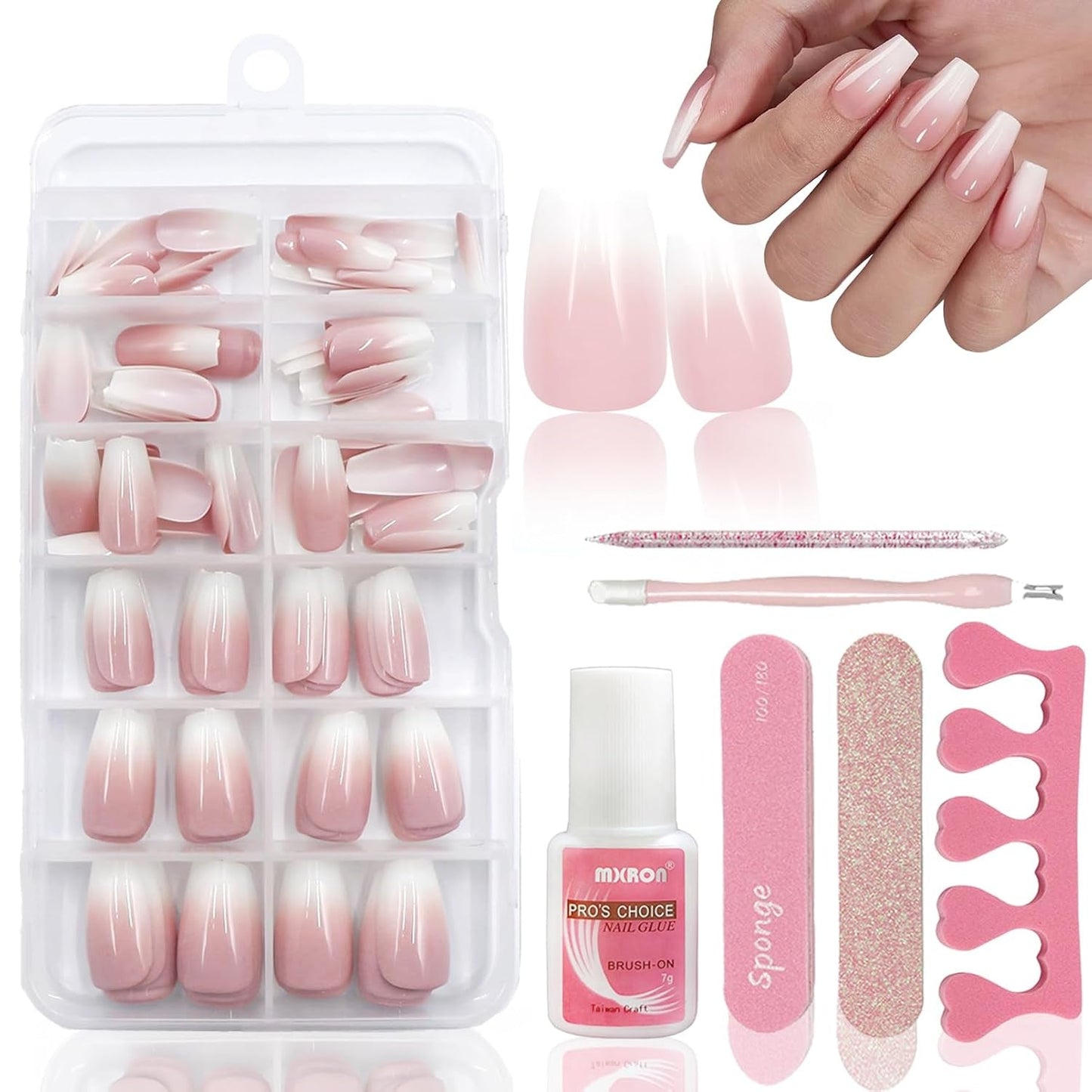 120 stuks naaktroze nepnagels met nagellijm - 12 maten korte ovale vierkante pers op nagels - mooie nagels, lijm op kunstnagels - geschikt voor dames doe-het-zelf nagelontwerp (squaval roze verloop)