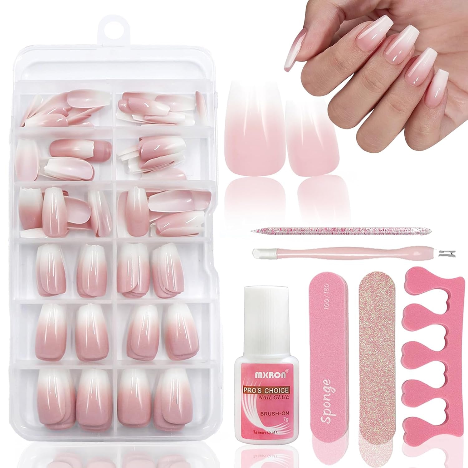 120 stuks naaktroze nepnagels met nagellijm - 12 maten korte ovale vierkante pers op nagels - mooie nagels, lijm op kunstnagels - geschikt voor dames doe-het-zelf nagelontwerp (squaval roze verloop)