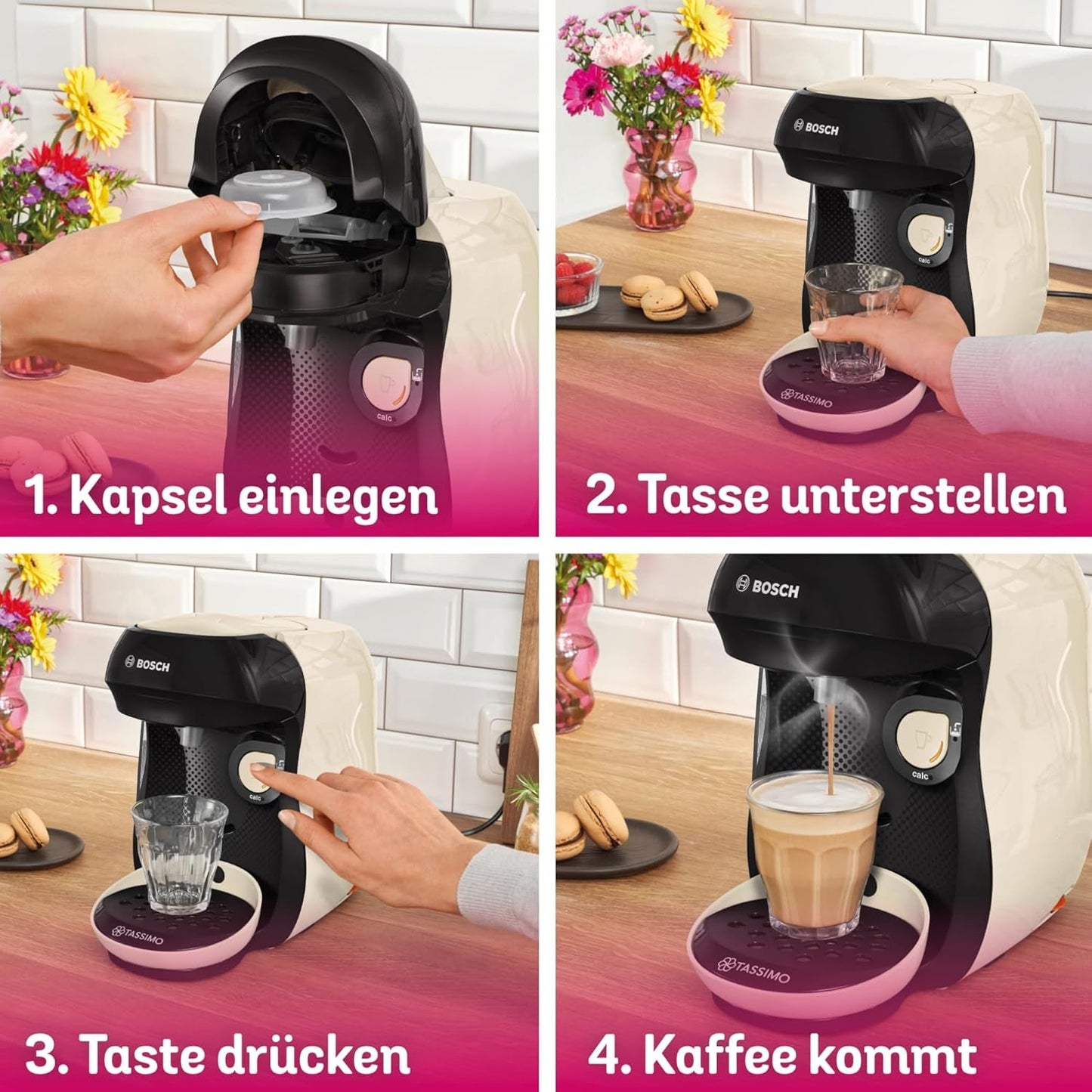 Bosch Tassimo Happy Friendly TAS107E Capsule-espressomachine, 70+ dranken, geschikt voor alle kopjes, auto-stop, duurzaam, perfecte dosering, ruimtebesparend, 1400W, crème/zwart
