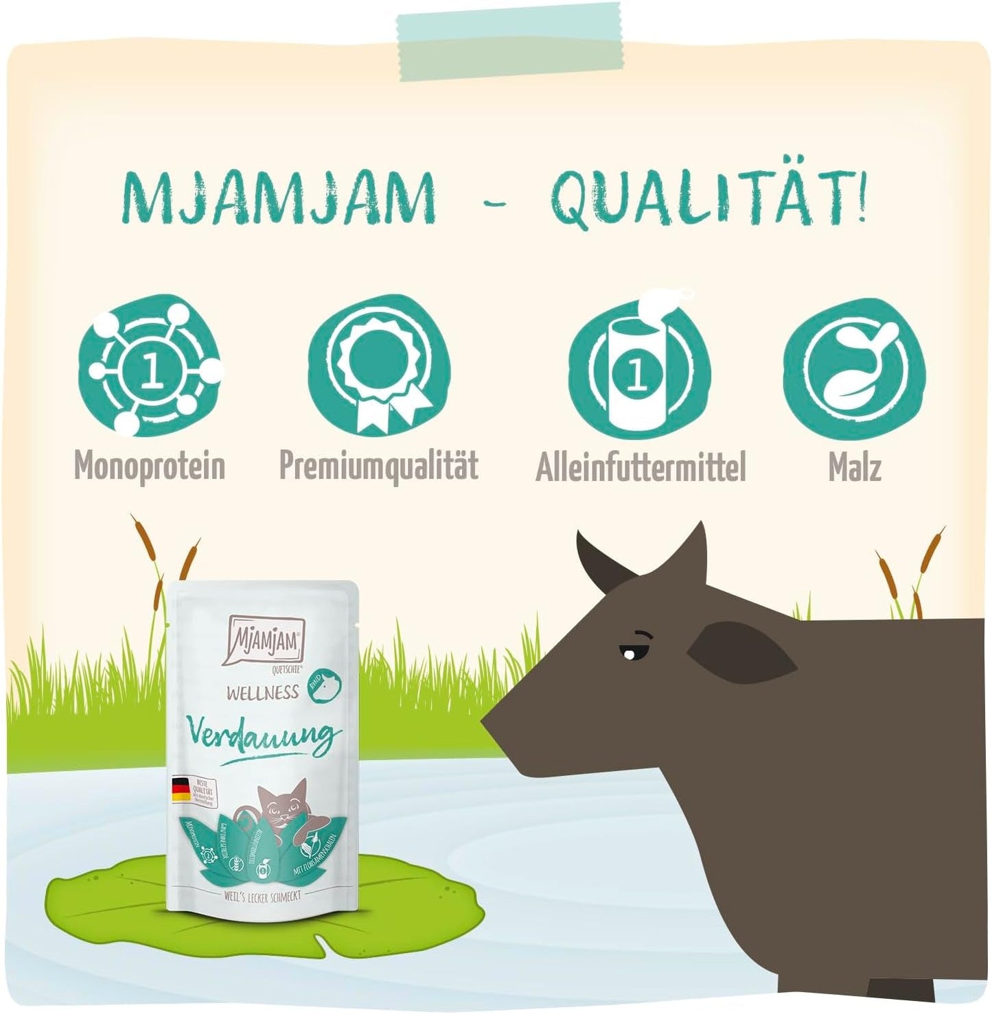 MjAMjAM - Premium natvoer voor katten - Wellness - Spijsvertering - Rund, 12 stuks (12 x 125 g), graanvrij